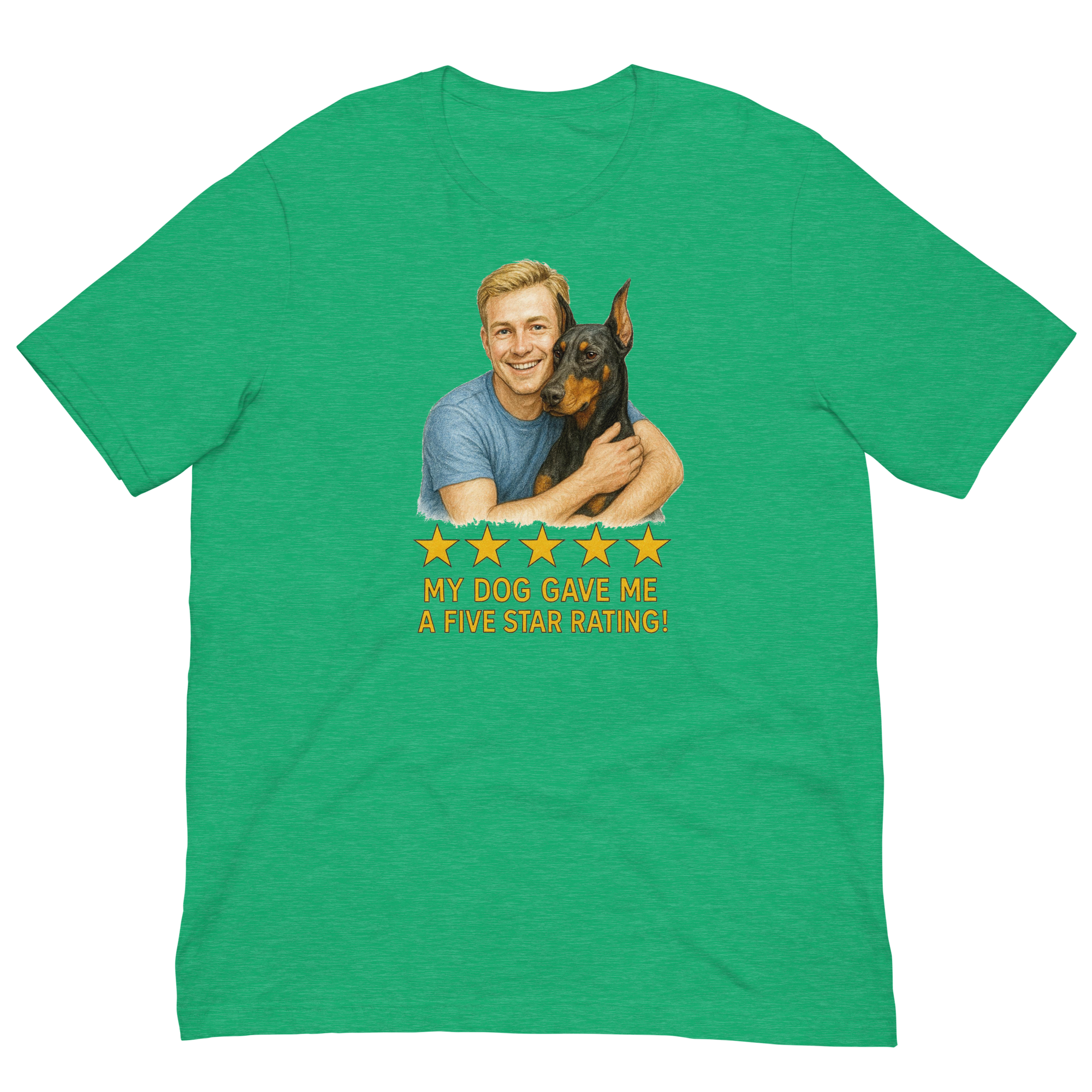 Blonde Man with Doberman Pinscher graphic tee.