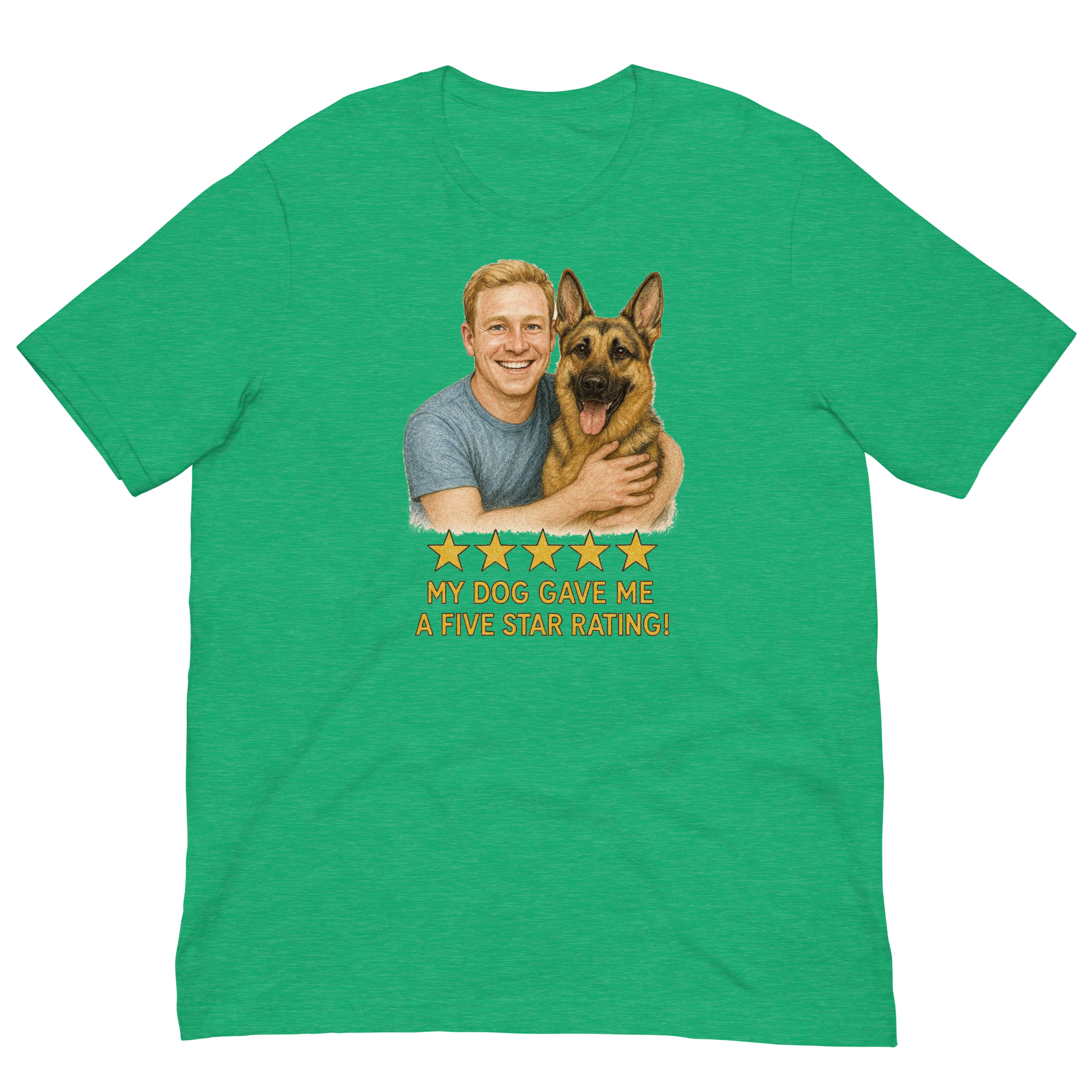 Blonde Man with German Shepherd graphic tee.