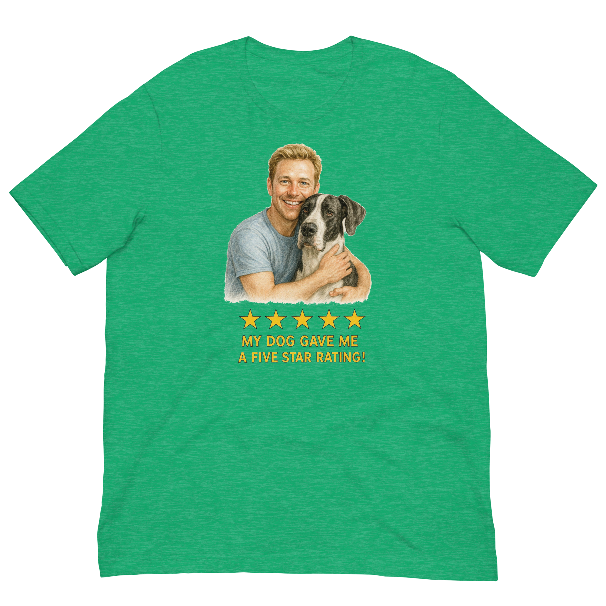 Blonde Man with Great Dane graphic tee.
