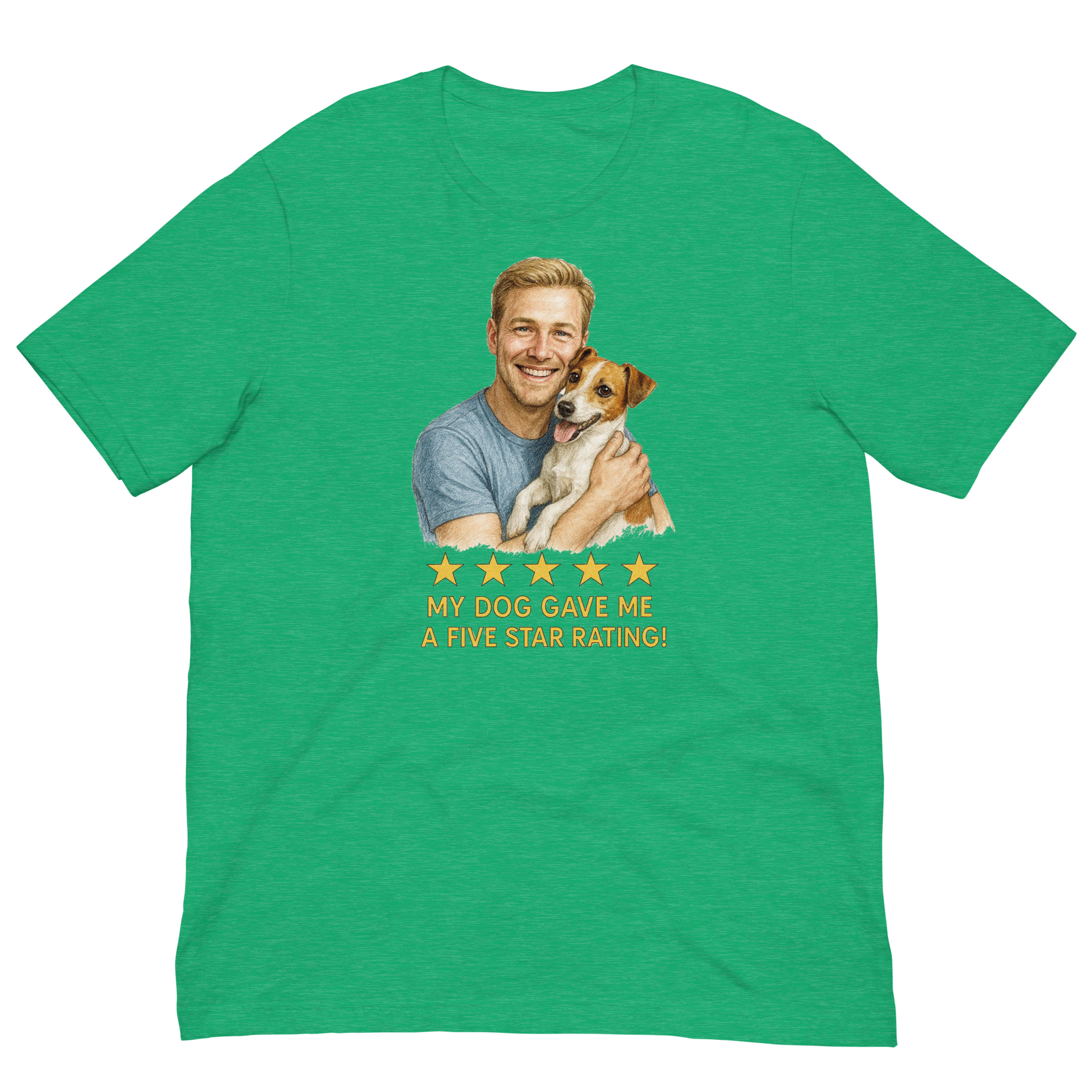 Blonde Man with Jack Russell Terrier graphic tee.