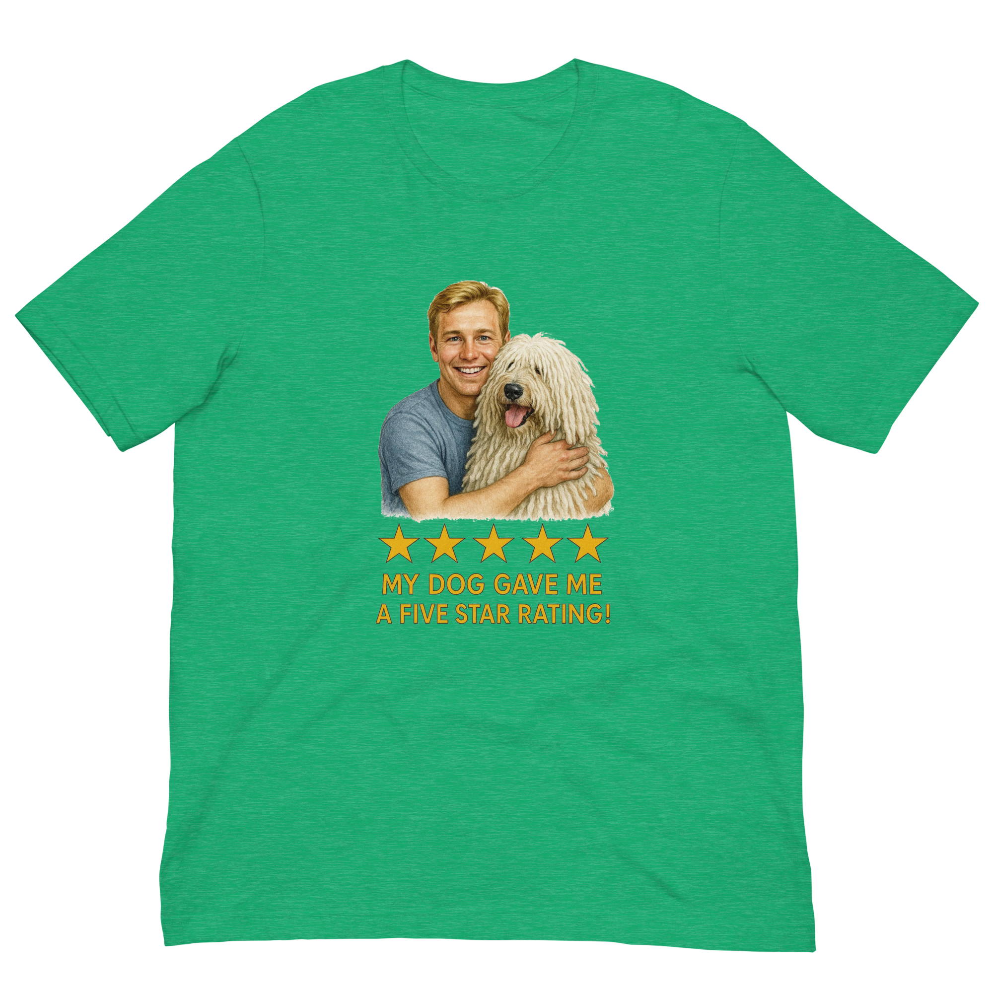 Blonde Man with Komondor graphic tee.