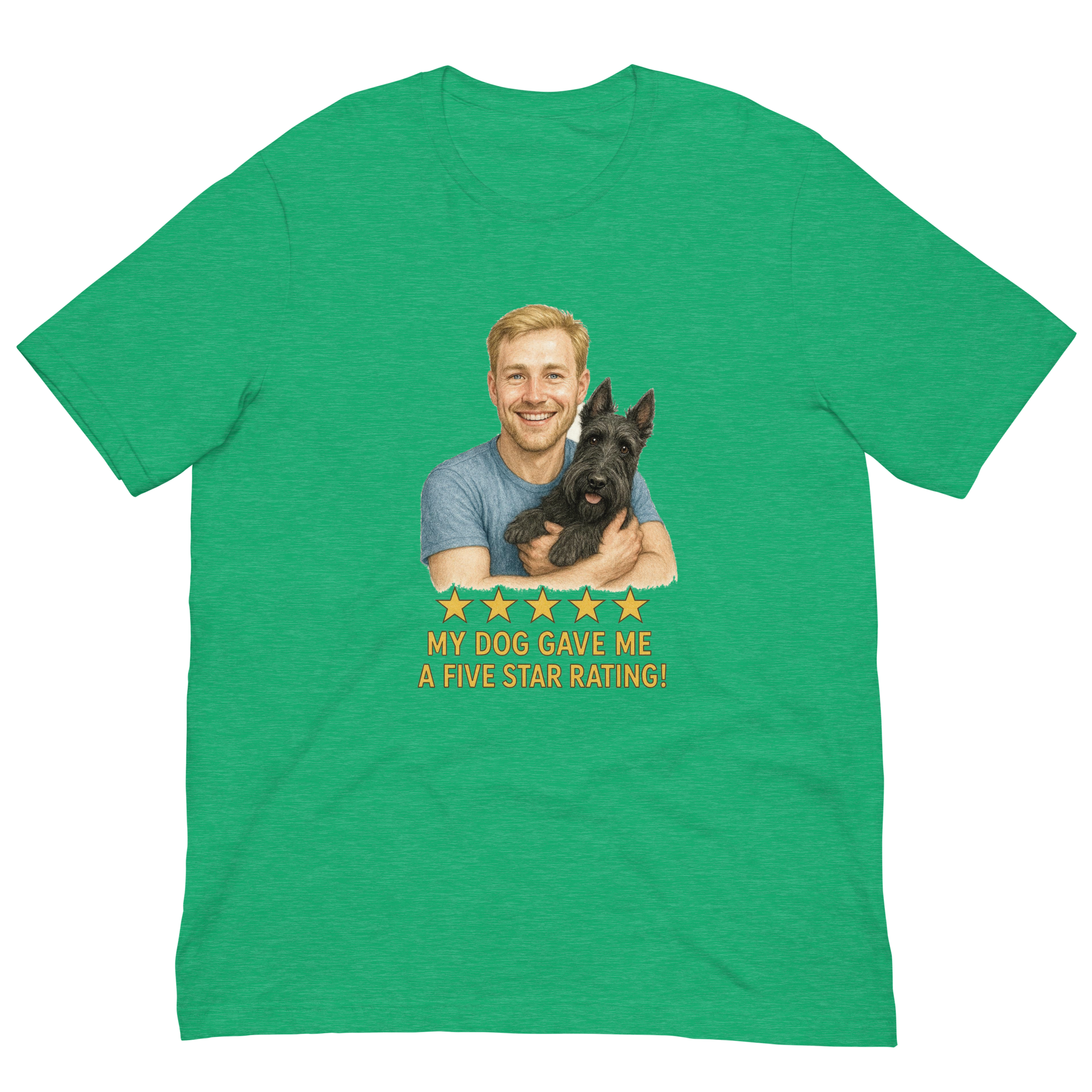 Blonde Man with Scottie graphic tee.