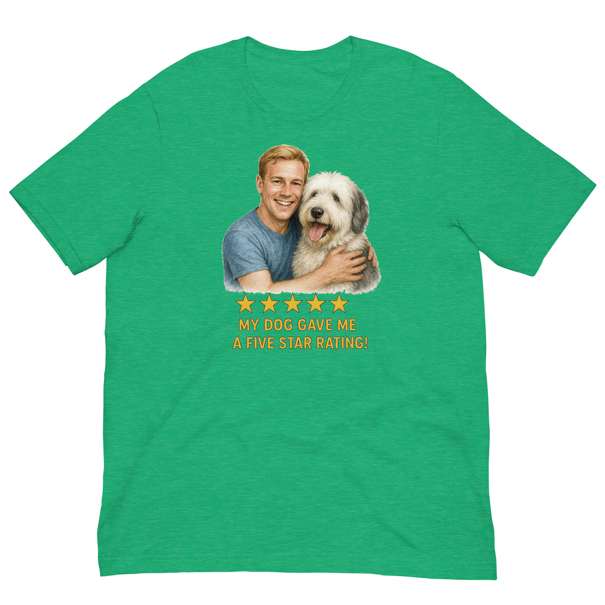 Blonde Man with Sheepdog graphic tee.