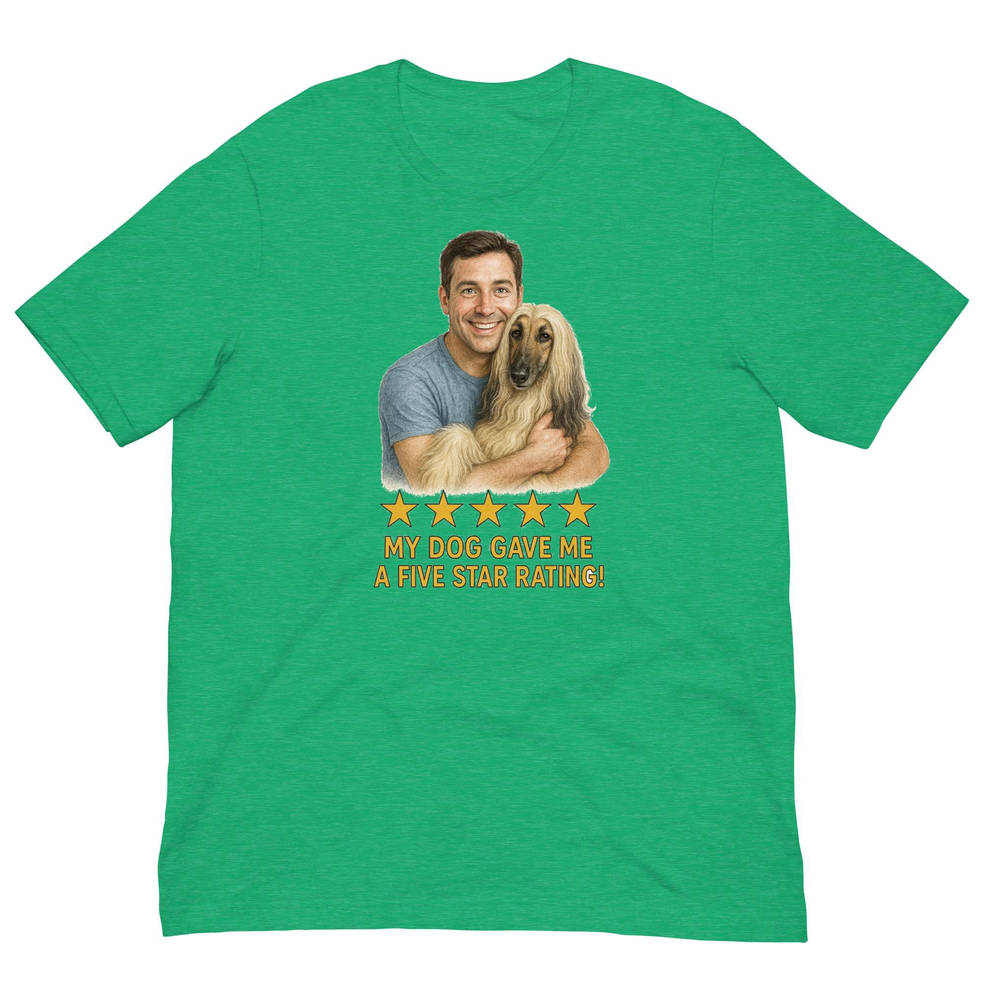 Brunette Man with Afghan Hound graphic tee.
