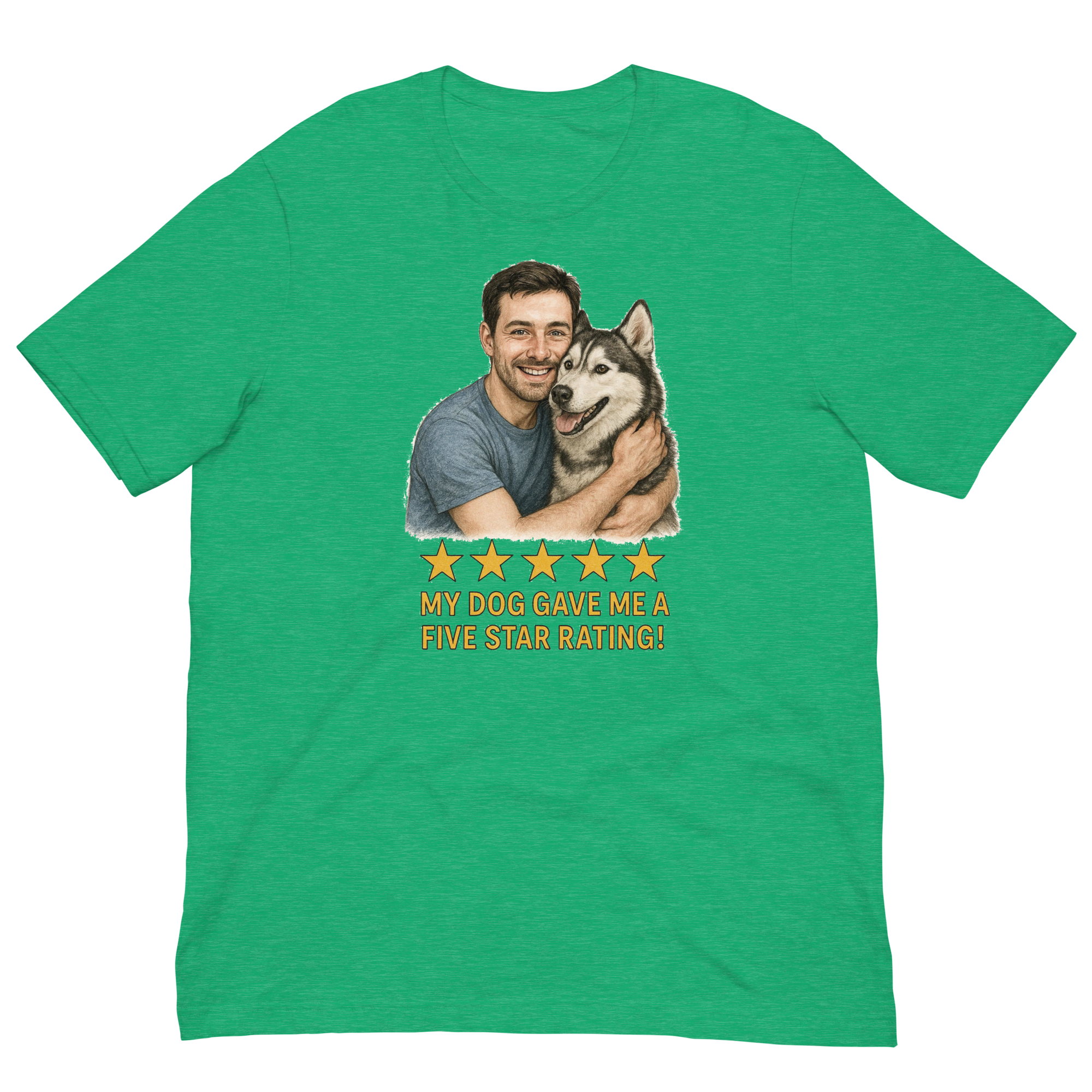 Brunette Man with Alaskan Husky graphic tee.