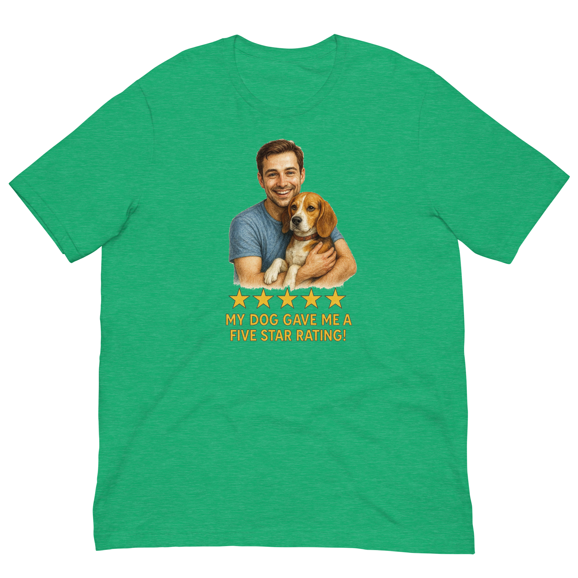 Brunette Man with Beagle graphic tee.