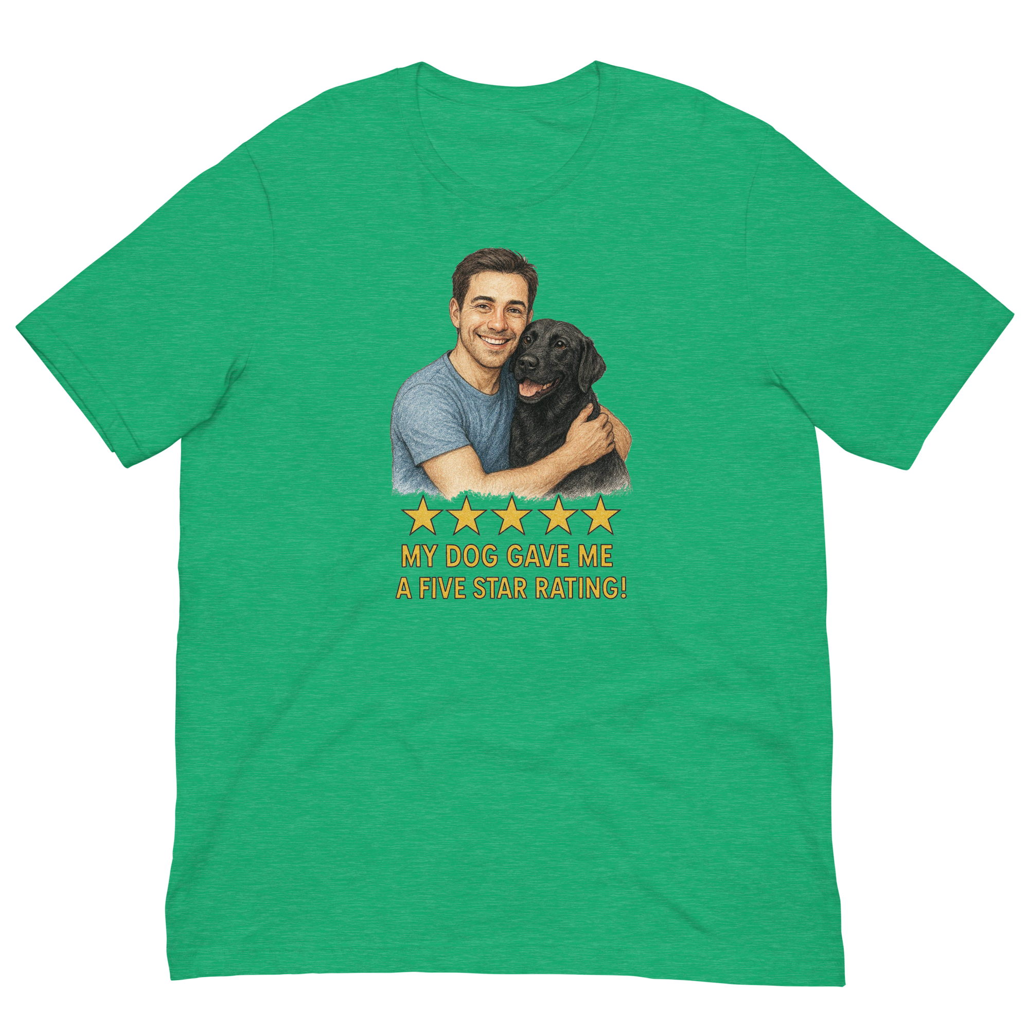 Brunette Man with Black Labrador graphic tee.