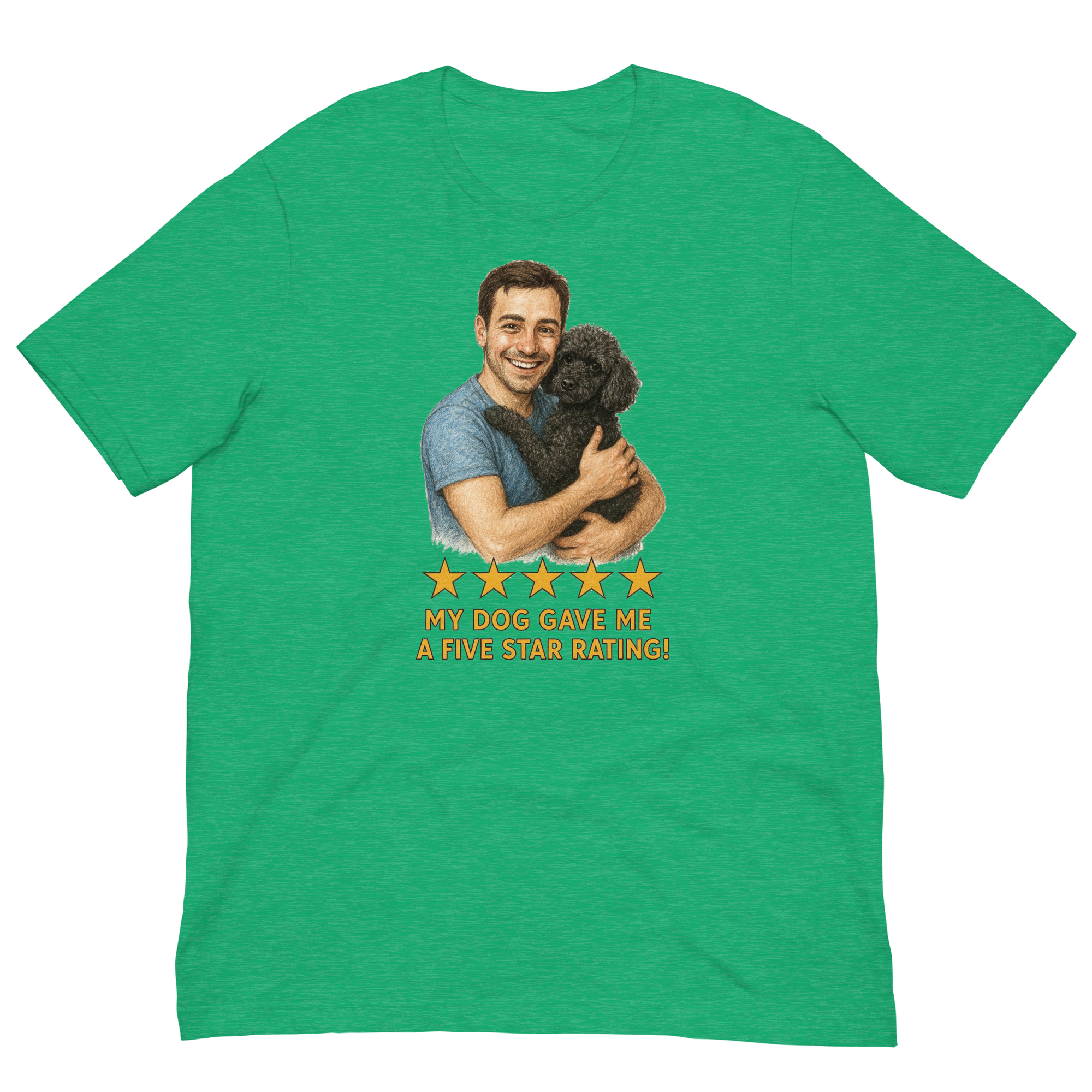 Brunette Man with Black Poodle graphic tee.