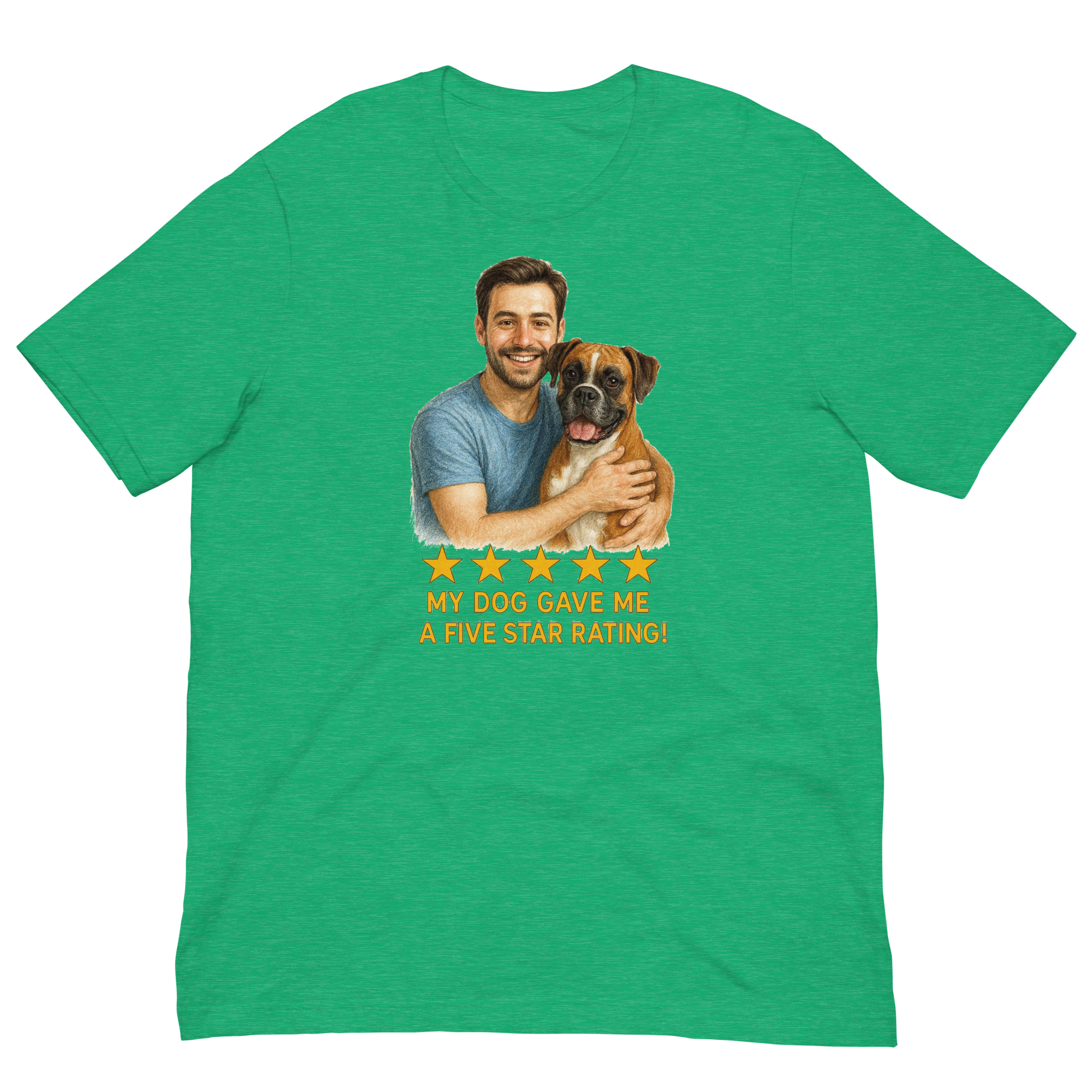 Brunette Man with Boxer graphic tee.