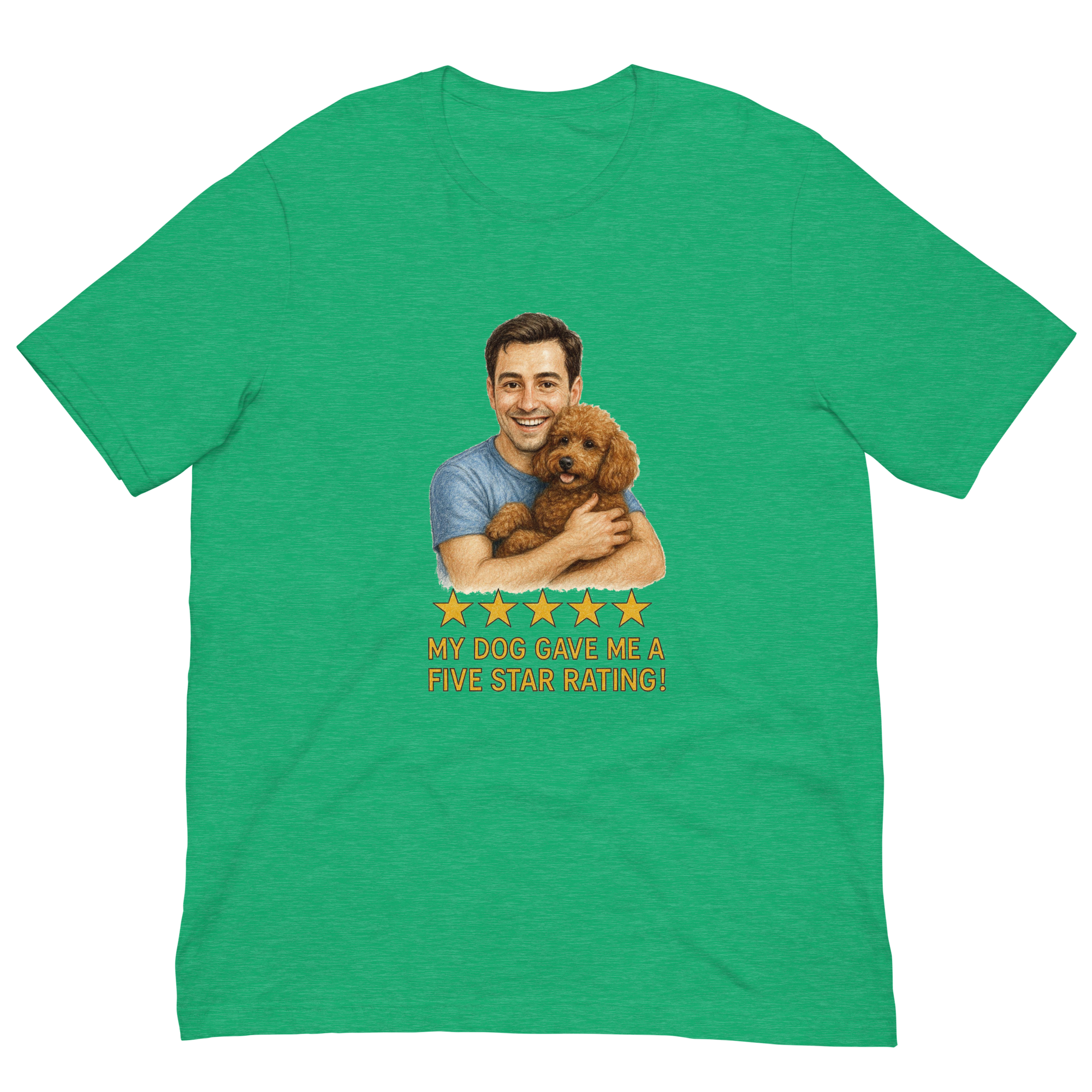 Brunette Man with Brown Poodle graphic tee.