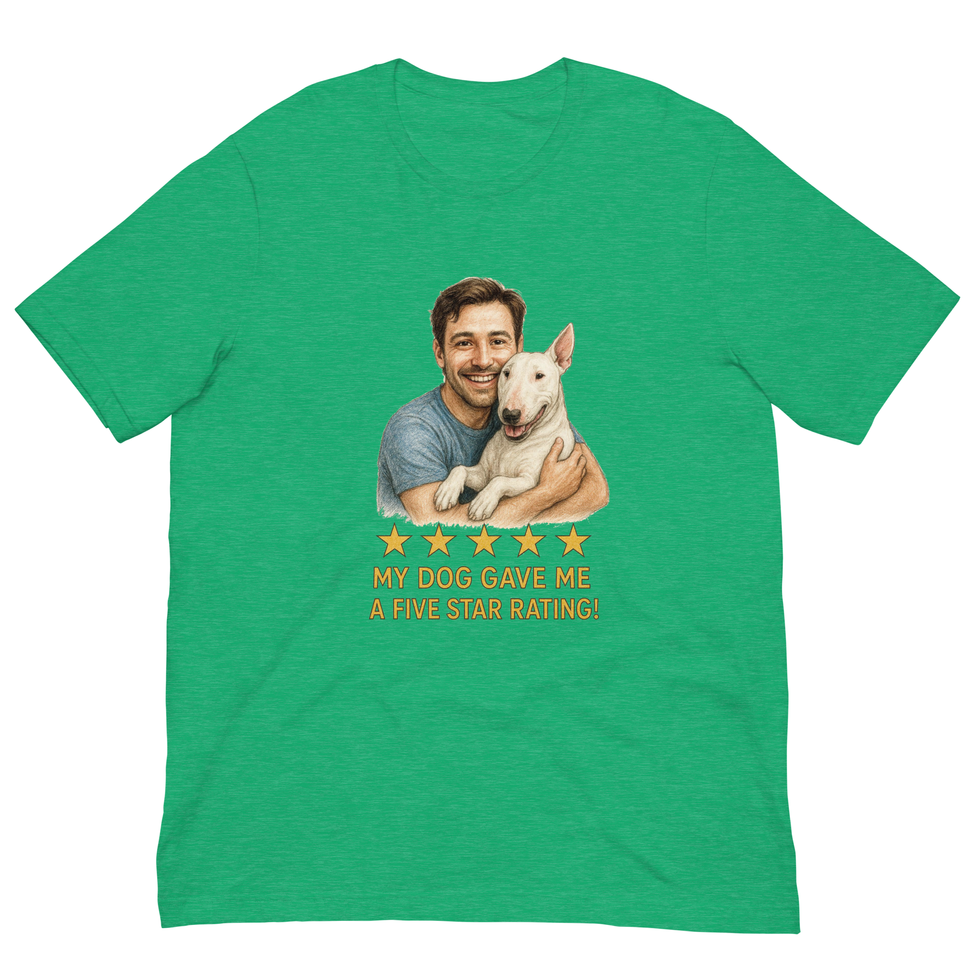 Brunette Man with Bull Terrier graphic tee.