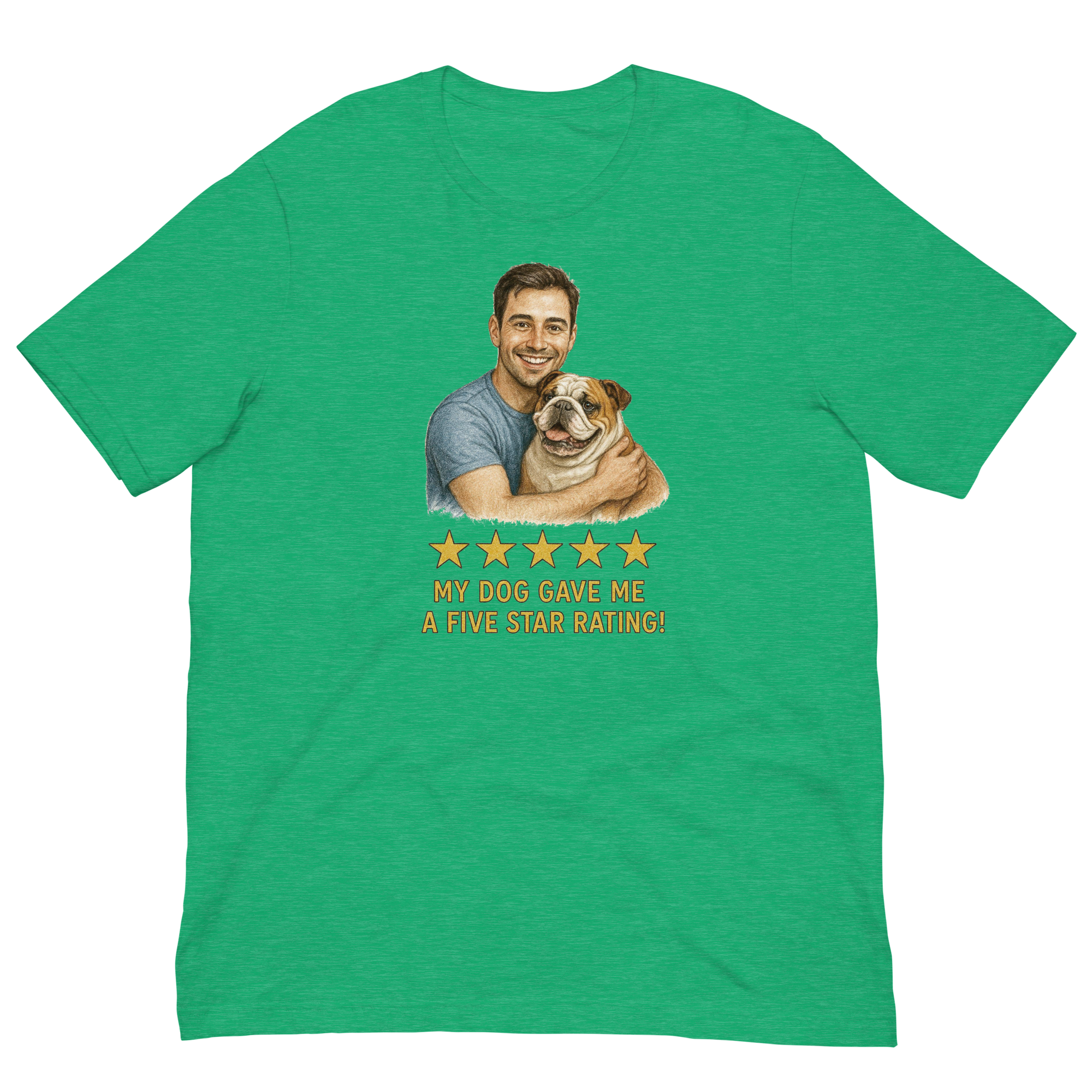 Brunette Man with Bulldog graphic tee.