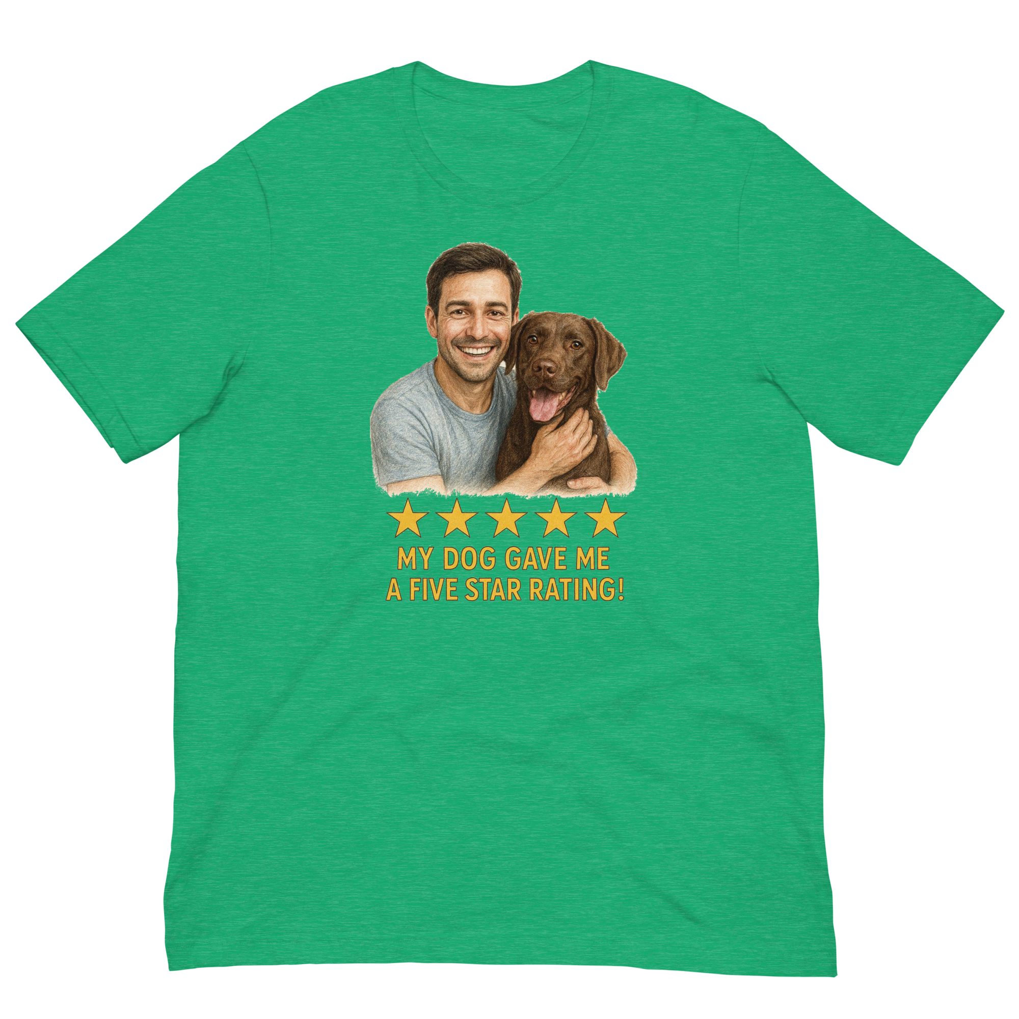 Brunette Man with Chocolate Labrador graphic tee.