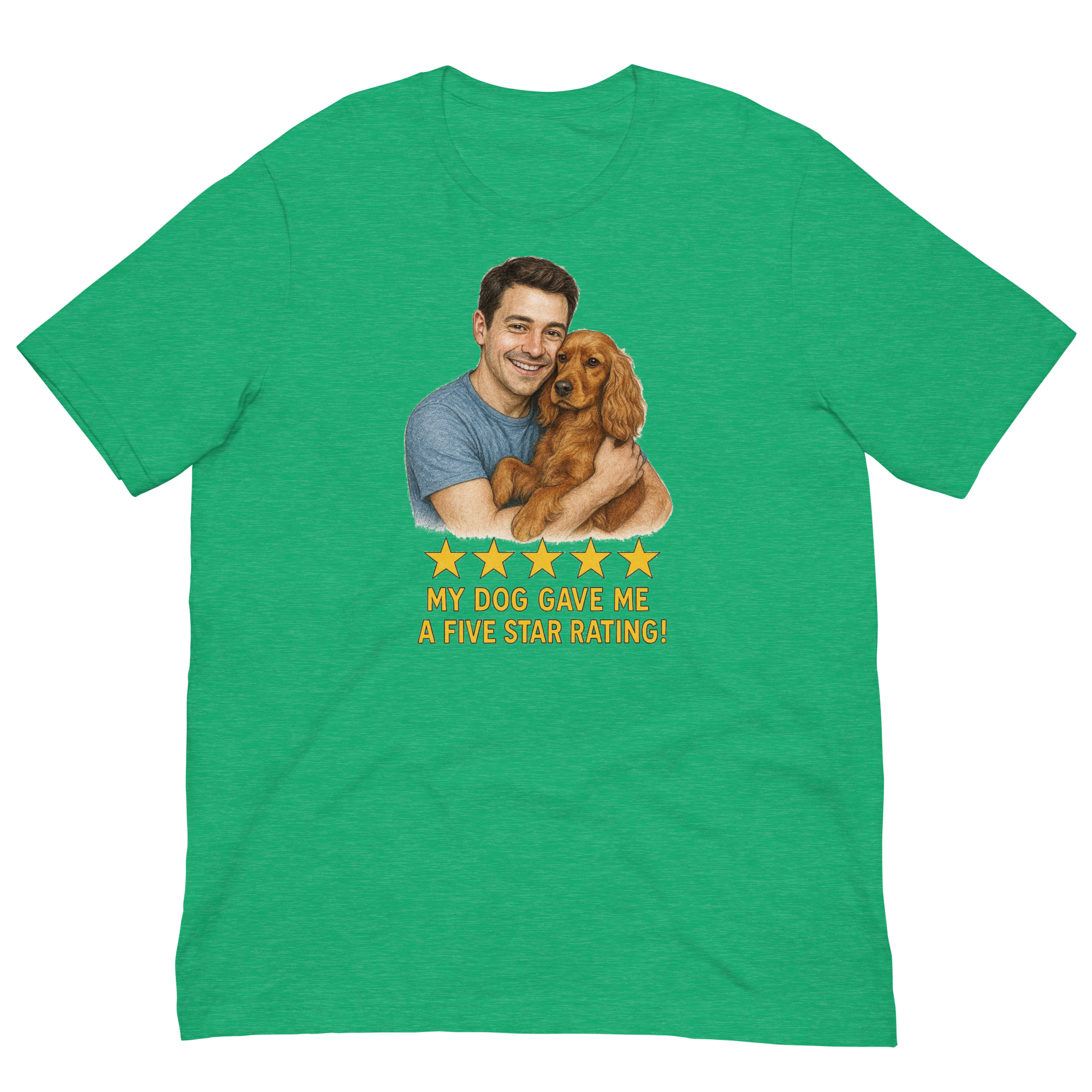 Brunette Man with Cocker Spaniel graphic tee.