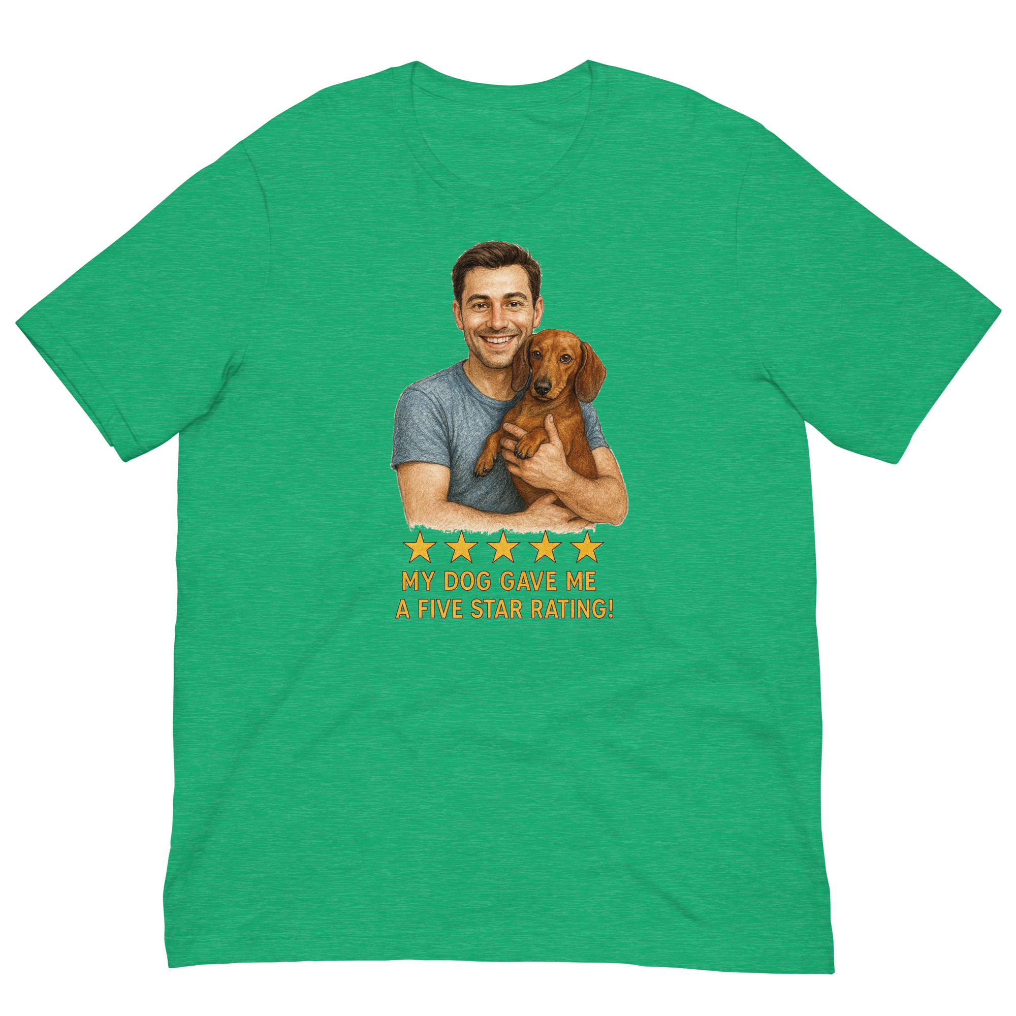 Brunette Man with Dachshund graphic tee.