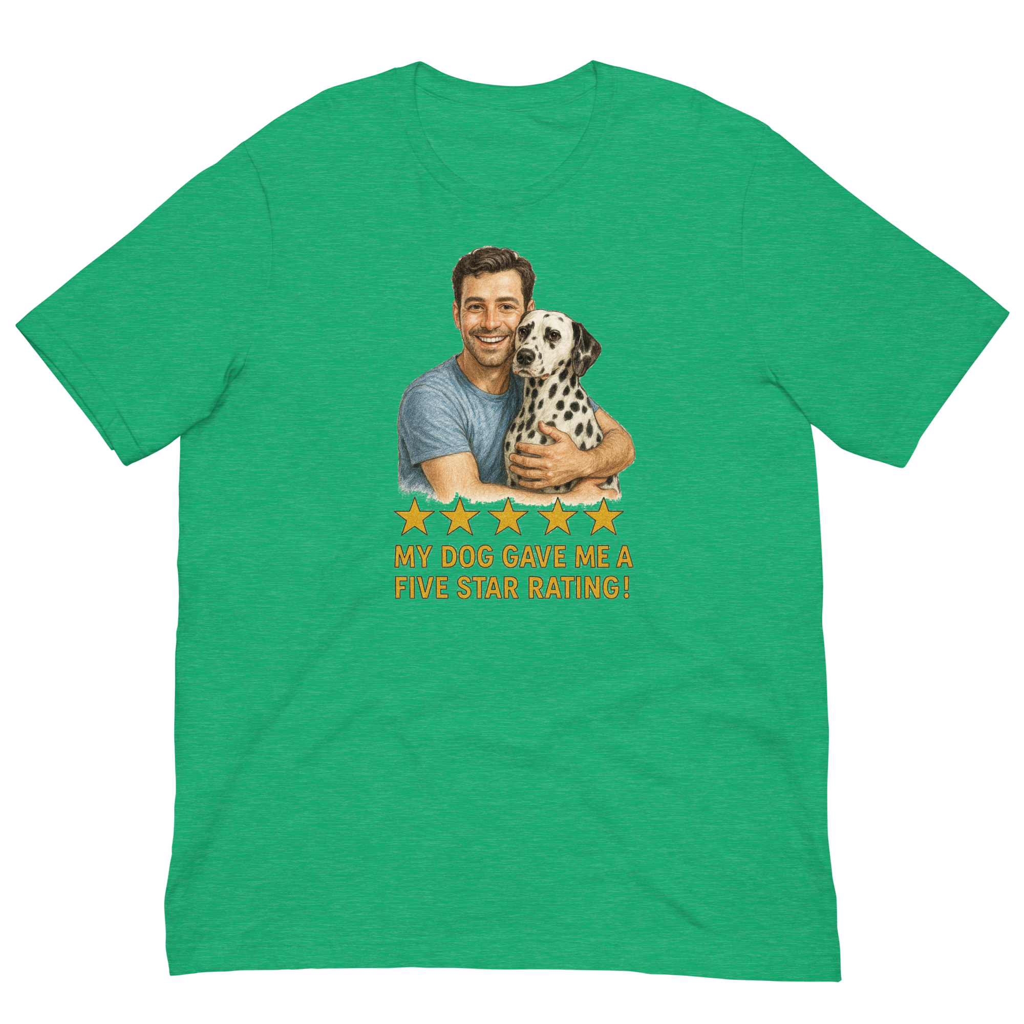 Brunette Man with Dalmatian graphic tee.