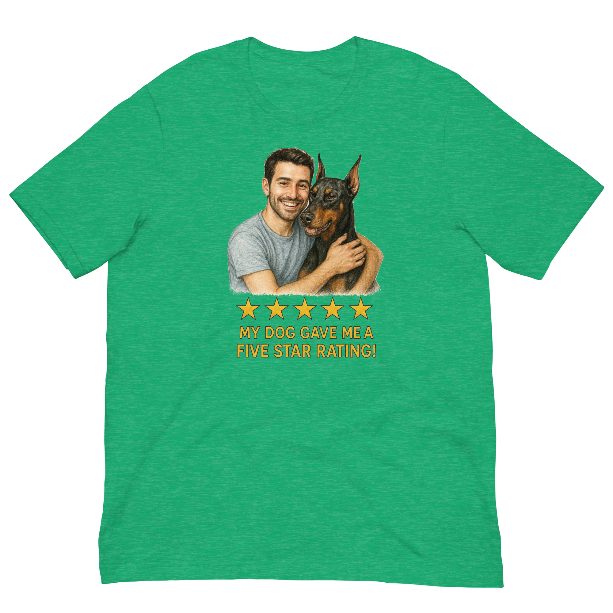 Brunette Man with Doberman Pinscher graphic tee.