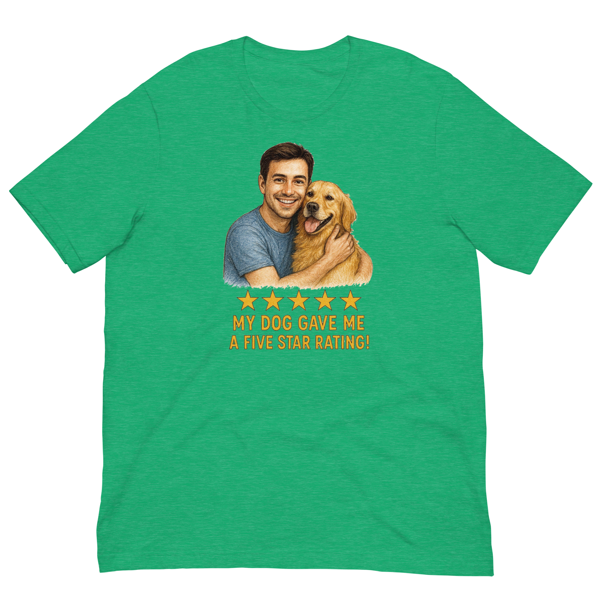 Brunette Man with Golden Retriever graphic tee.