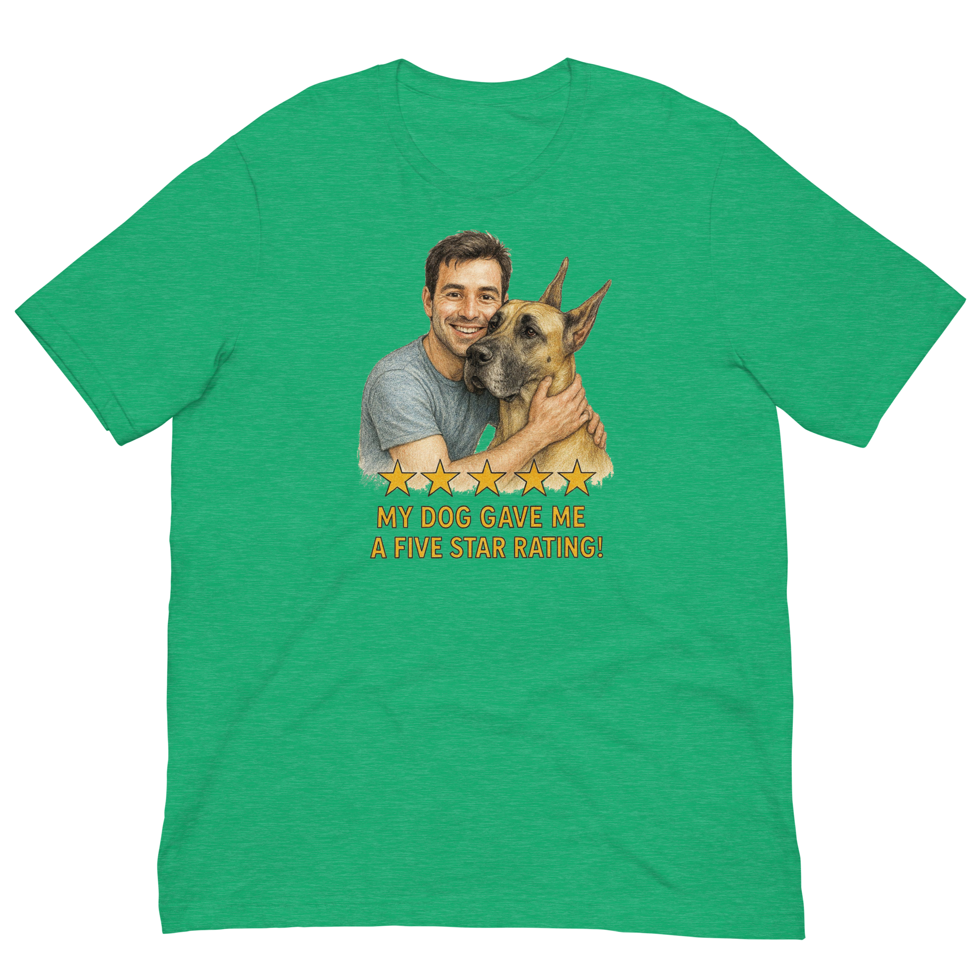 Brunette Man with Great Dane graphic tee.