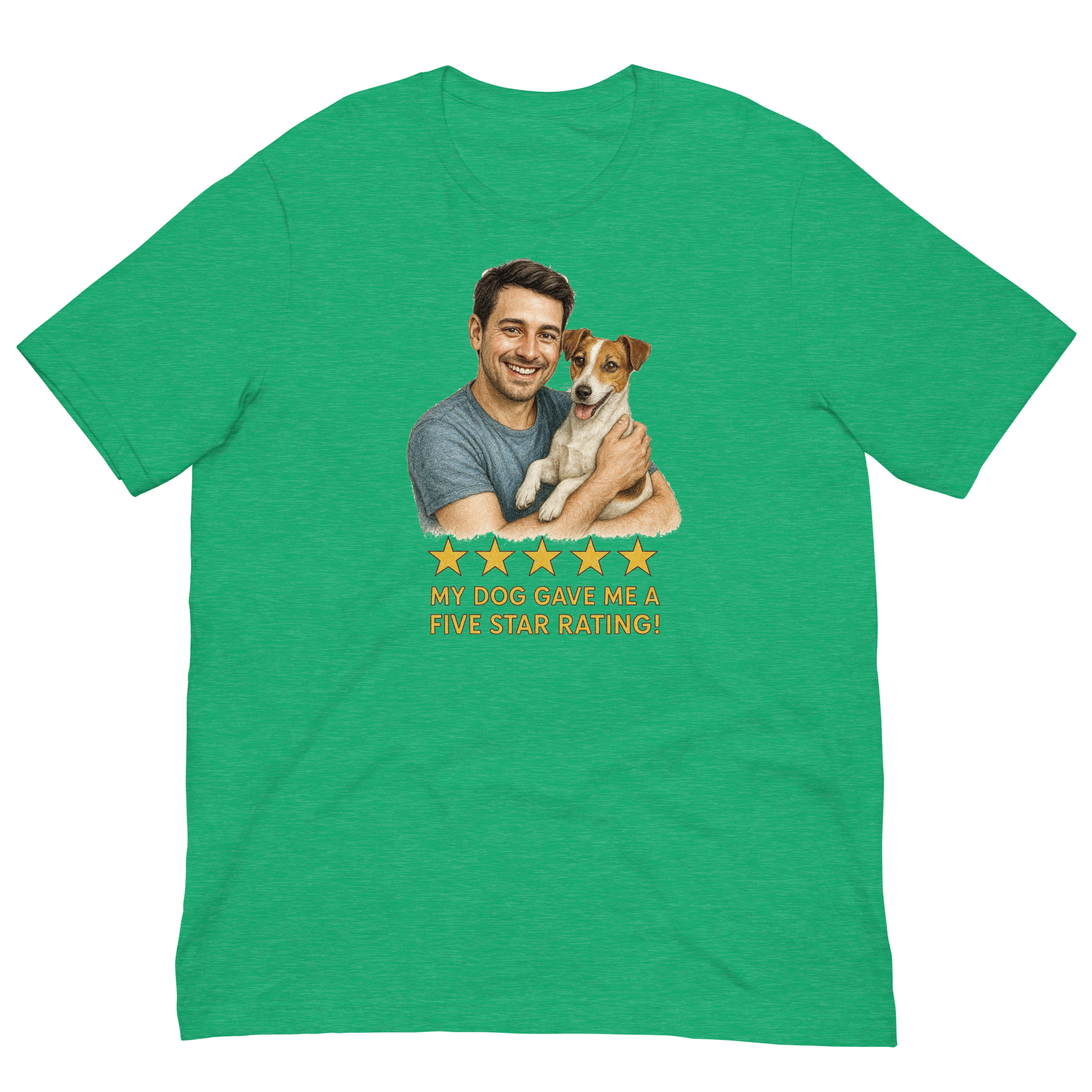 Brunette Man with Jack Russell Terrier graphic tee.