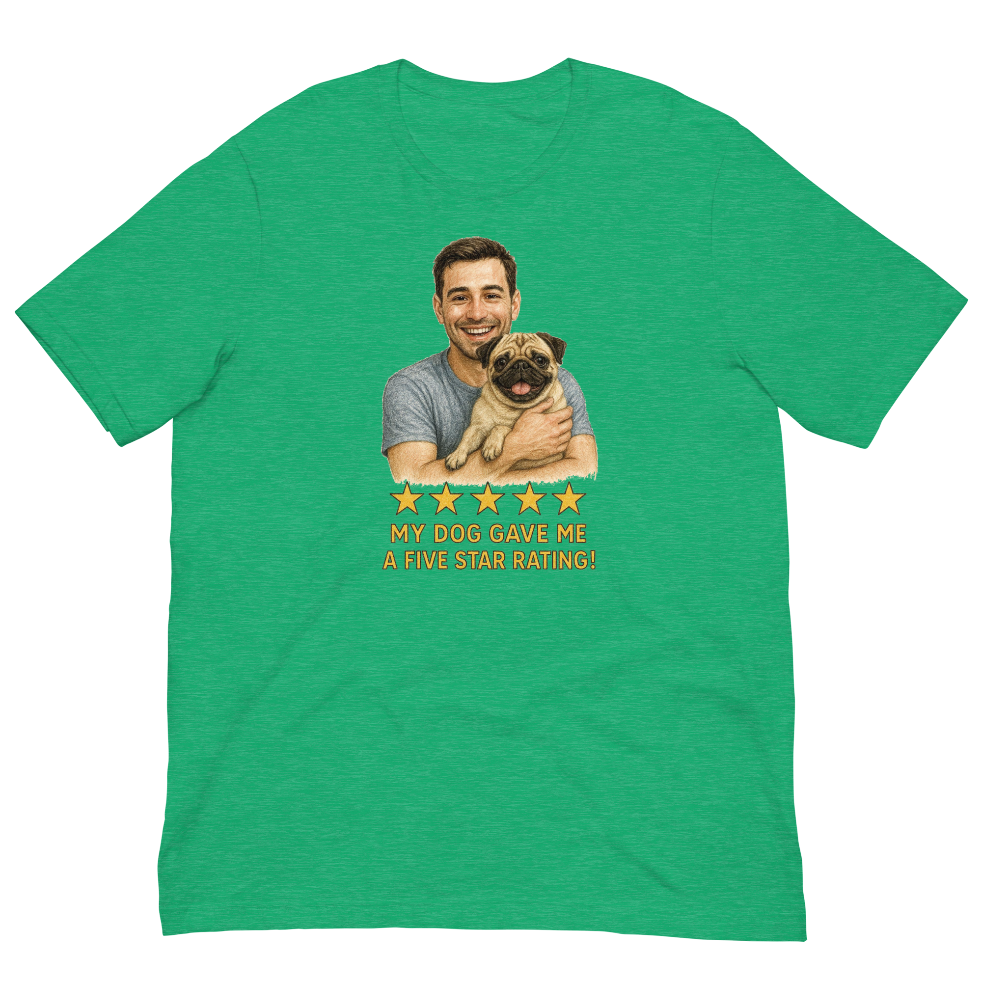 Brunette Man with Pug graphic tee.