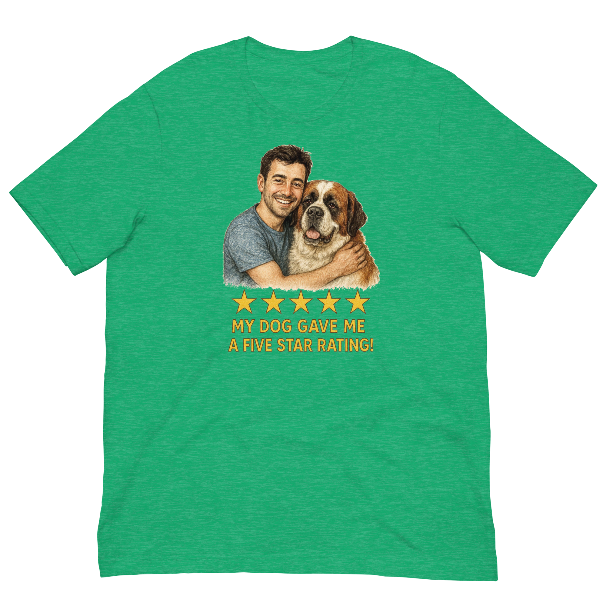Brunette Man with Saint Bernard graphic tee.