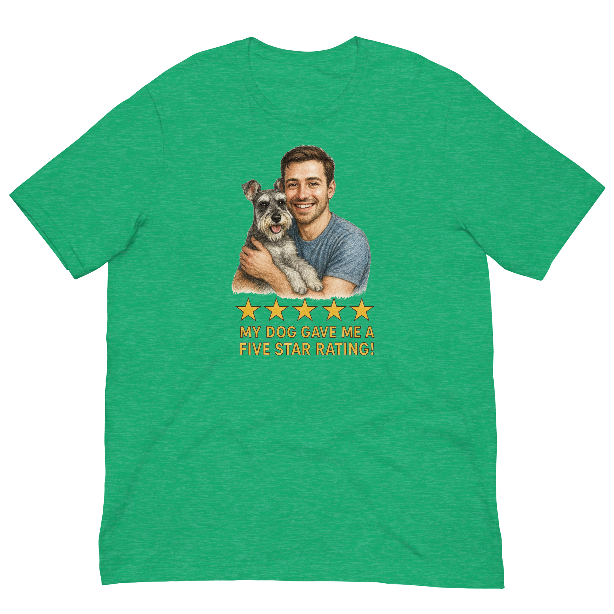 Brunette Man with Schnauzer graphic tee.