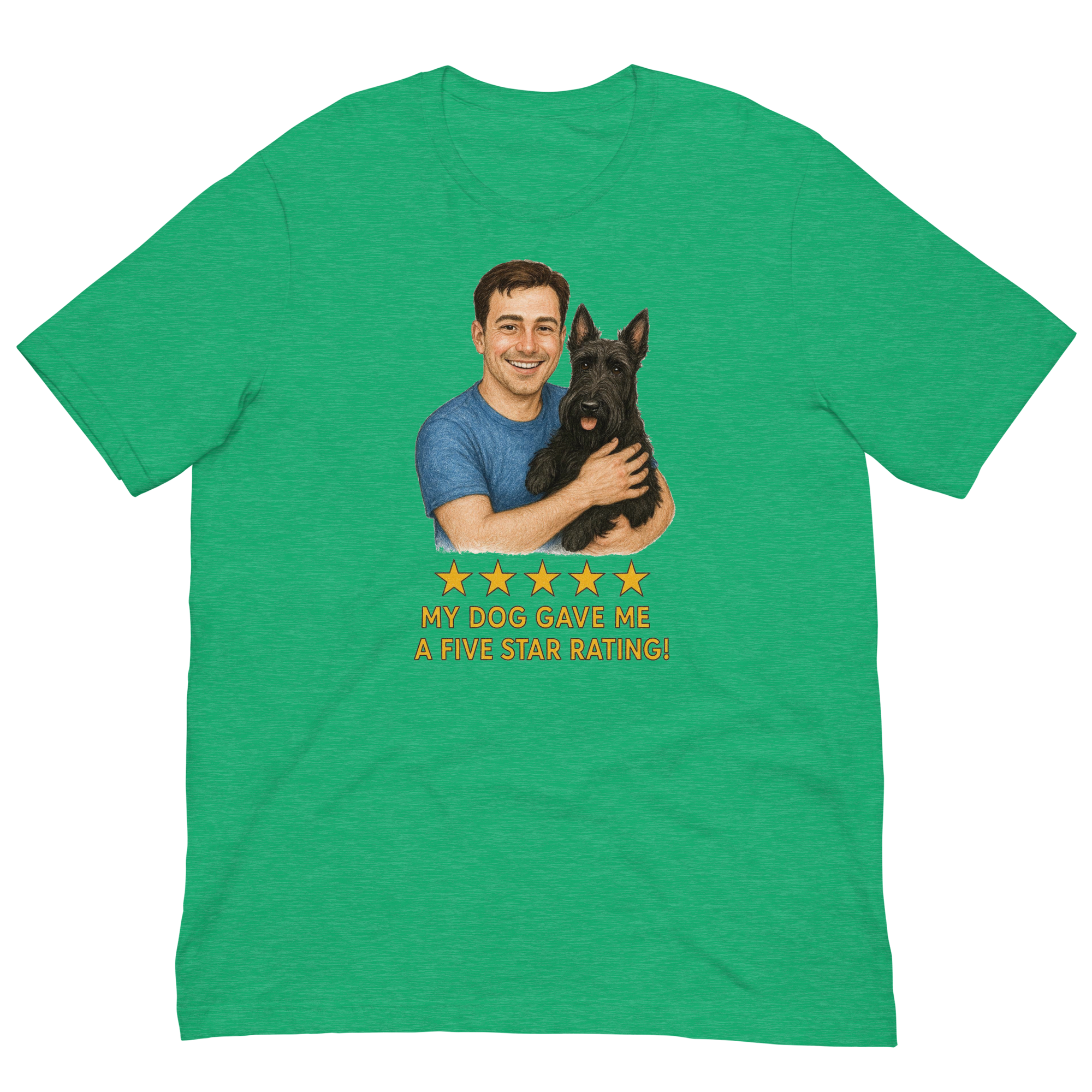 Brunette Man with Scottie graphic tee.