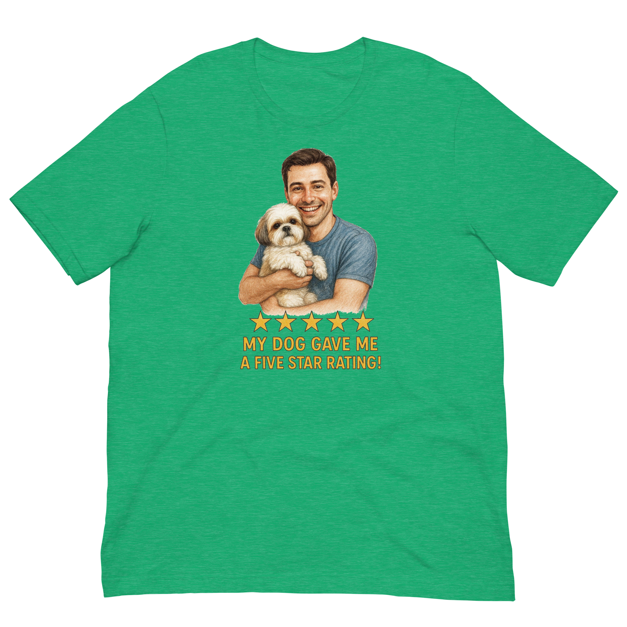 Brunette Man with Shih Tzu graphic tee.