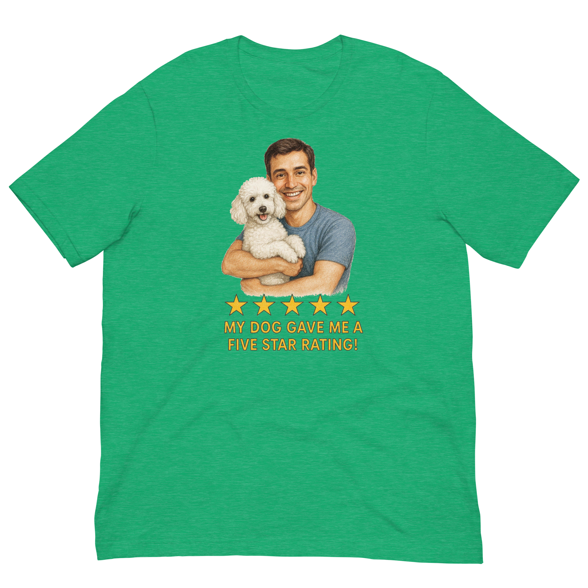 Brunette Man with White Poodle graphic tee.