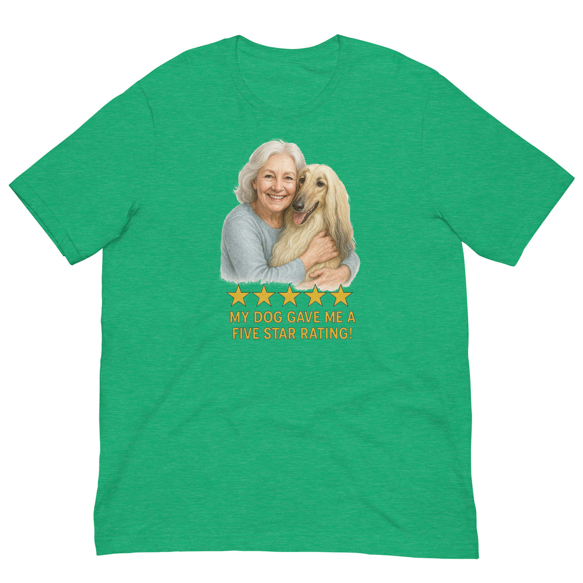 White Hair Woman with Afghan Hound graphic tee.