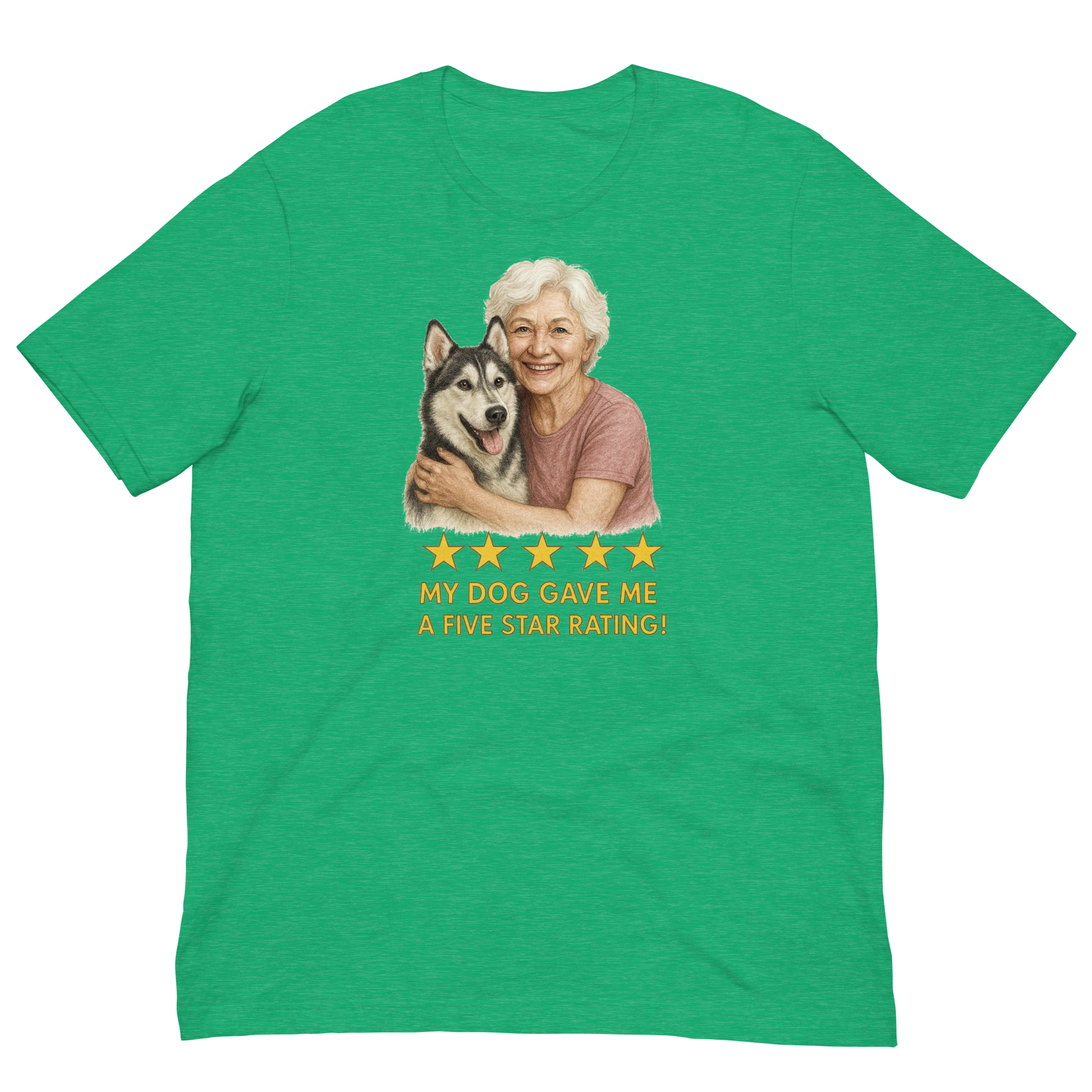 White Hair Woman with Alaskan Husky graphic tee.