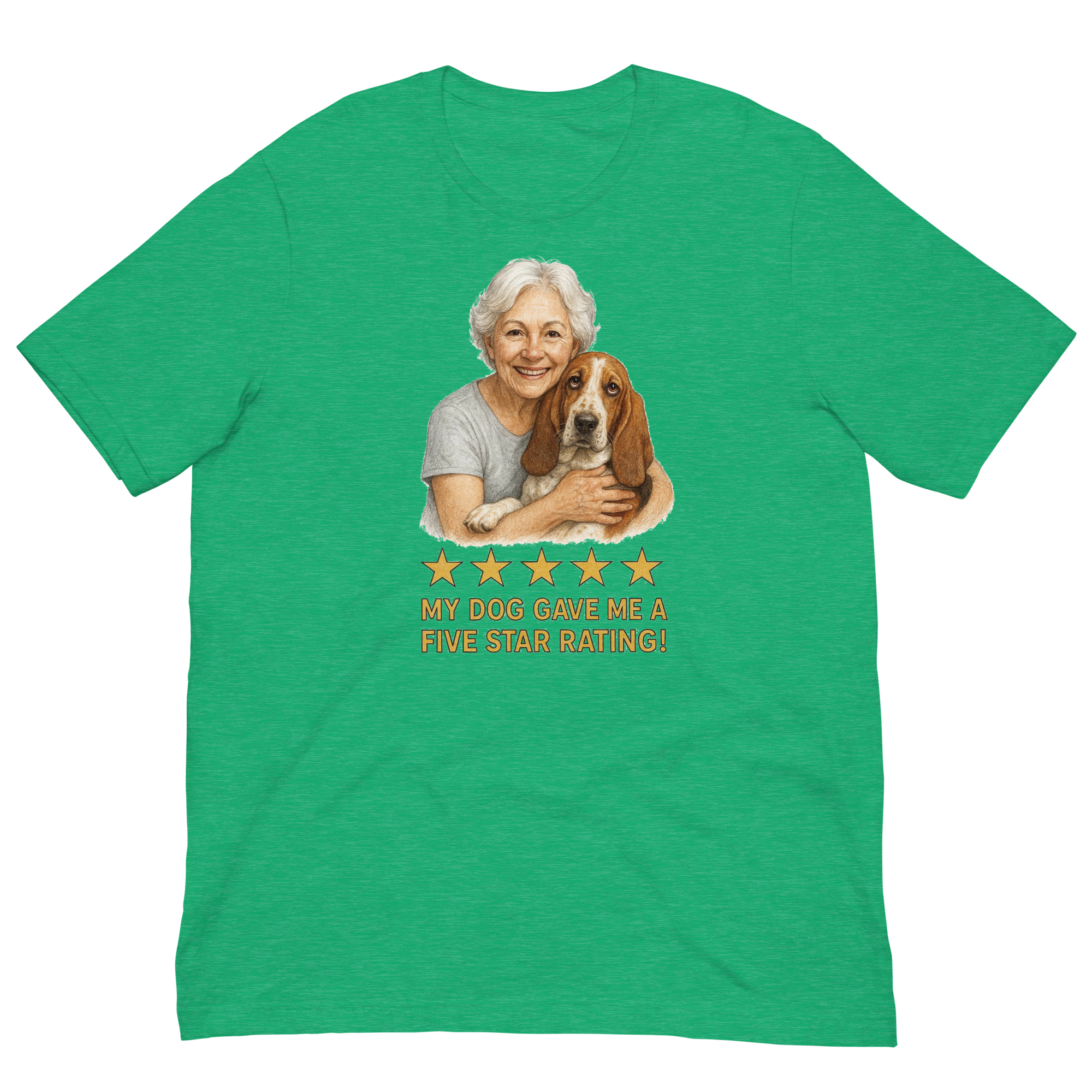 White Hair Woman with Basset Hound graphic tee.