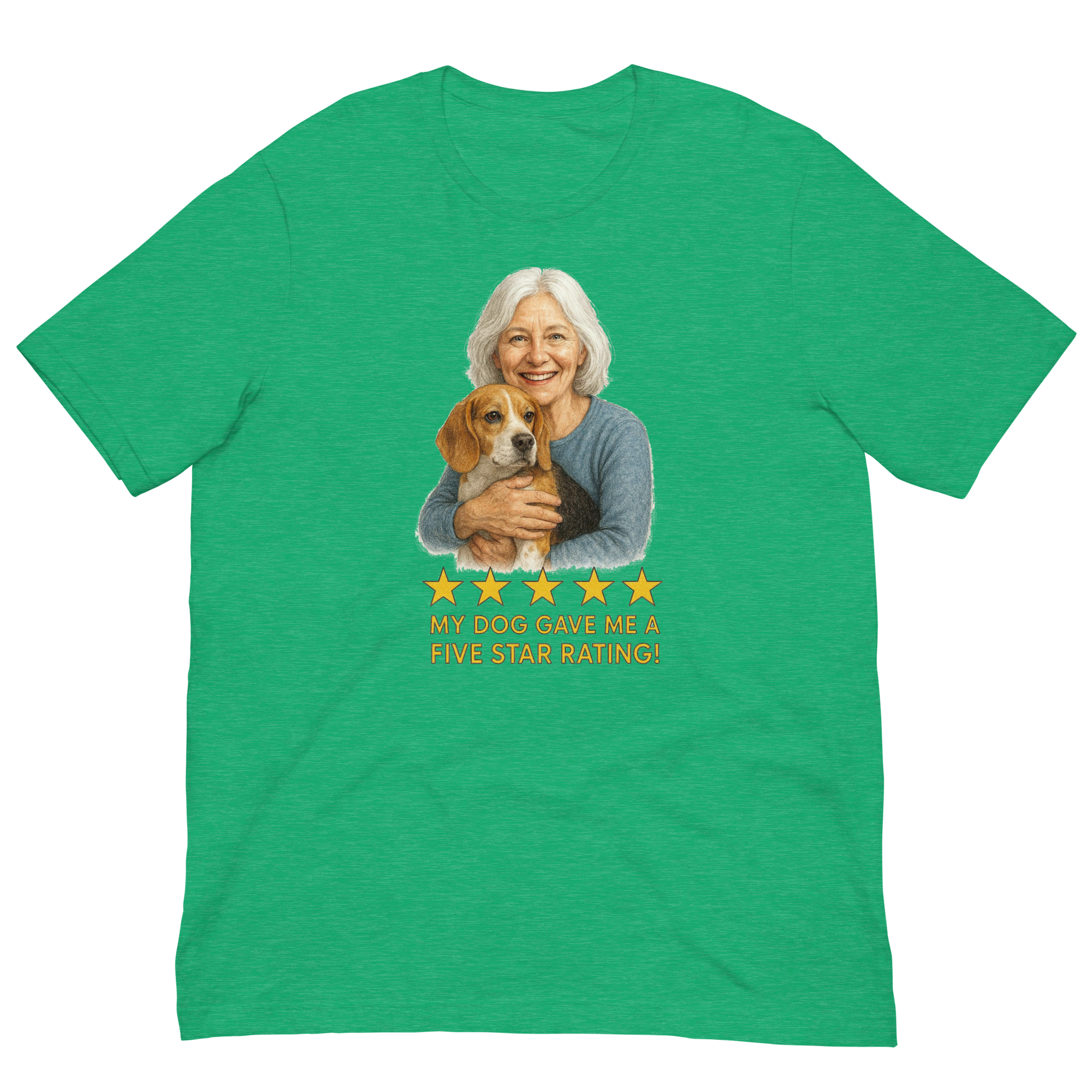 White Hair Woman with Beagle graphic tee.