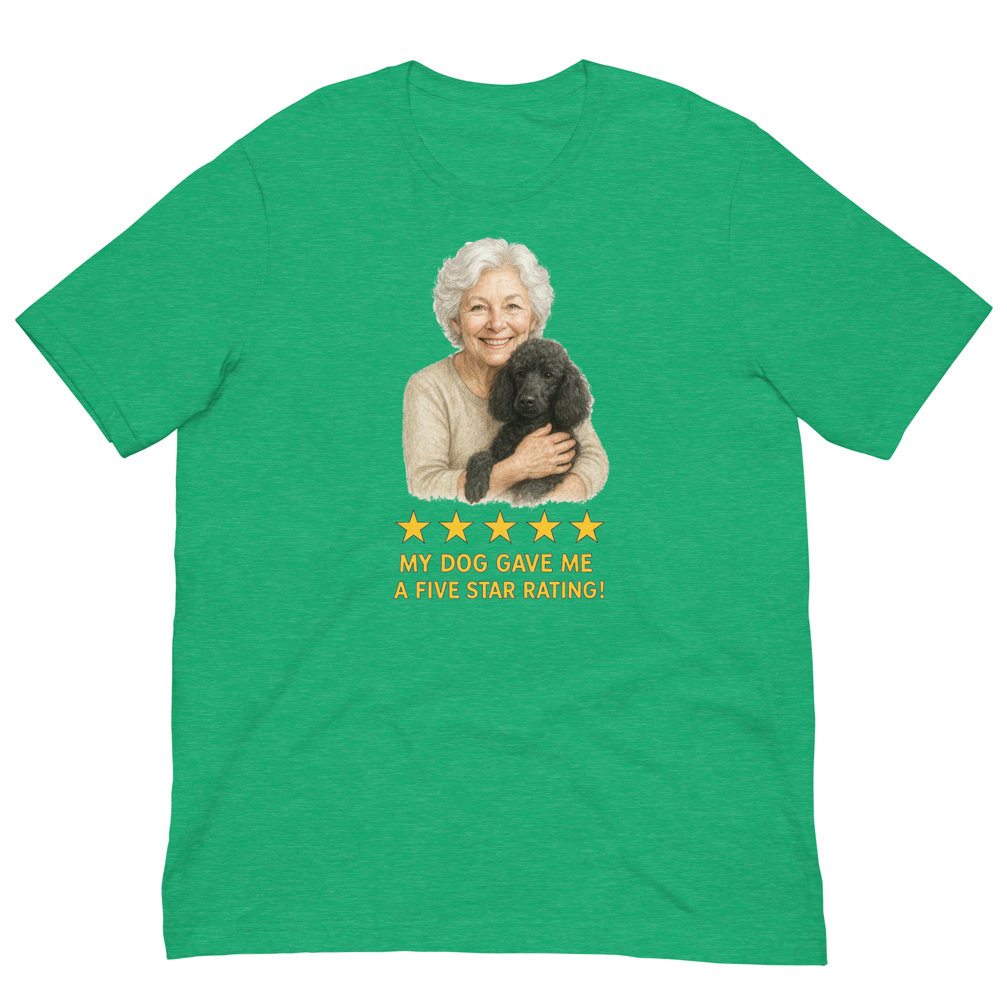 White Hair Woman with Black Poodle graphic tee.