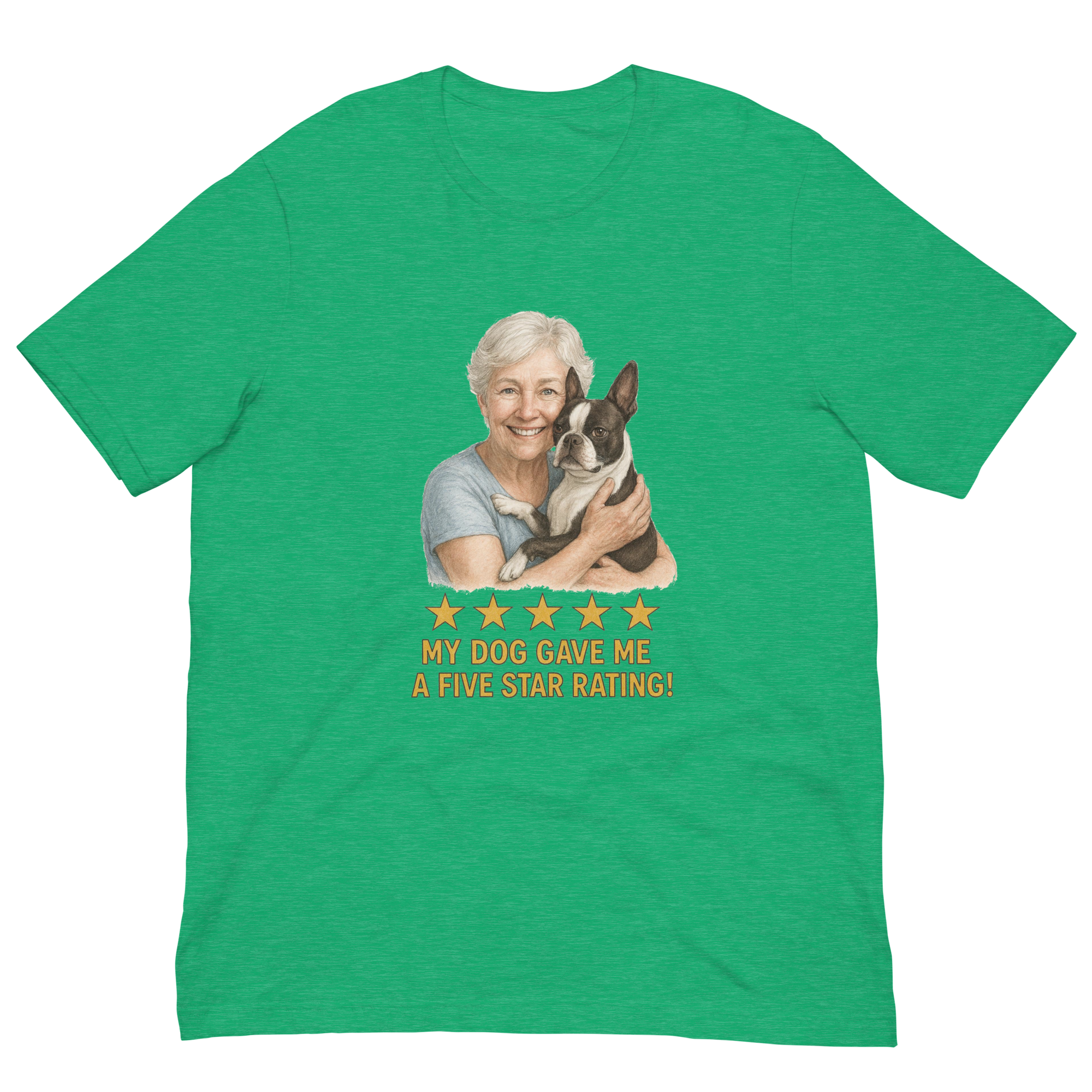 White Hair Woman with Boston Terrier graphic tee.