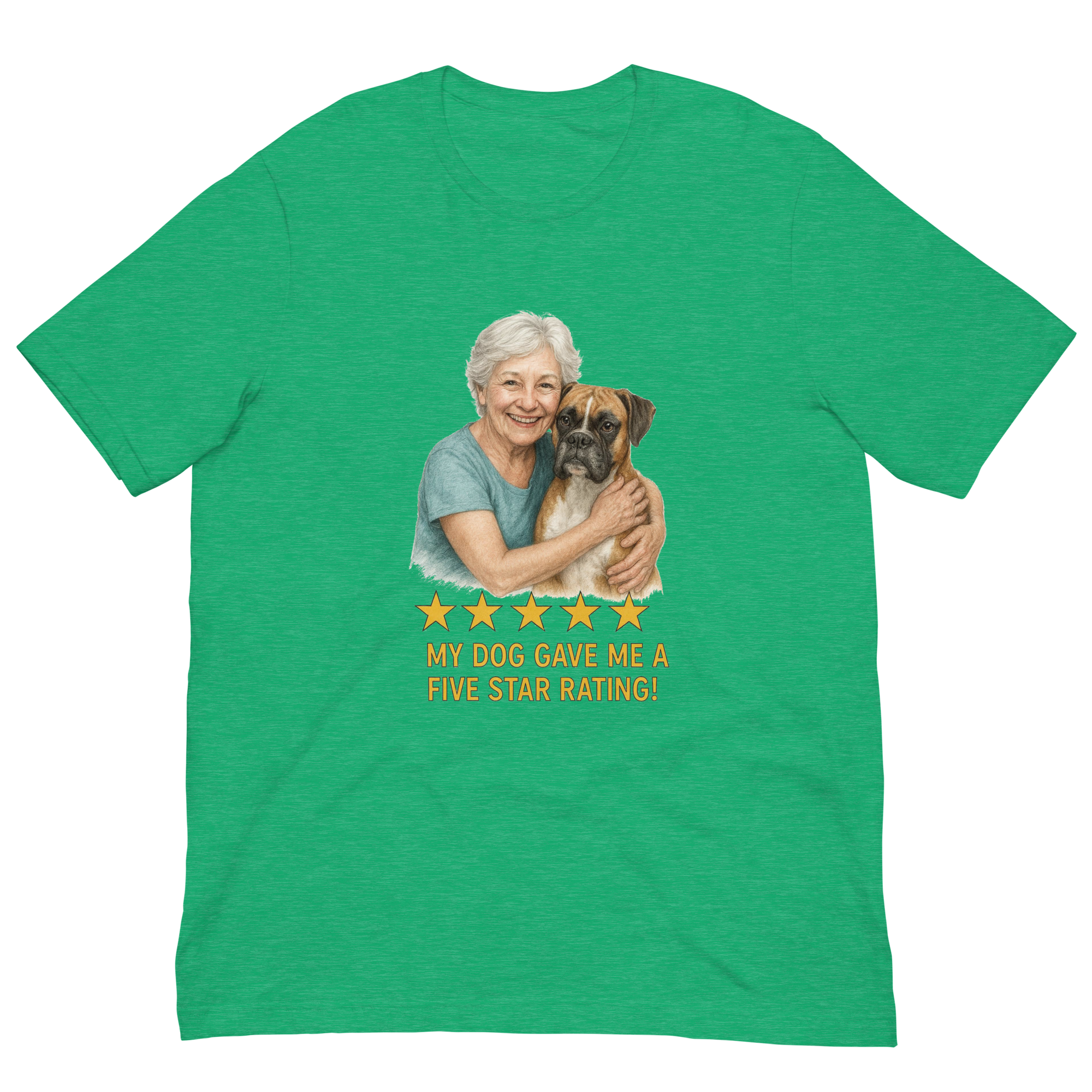 White Hair Woman with Boxer graphic tee.