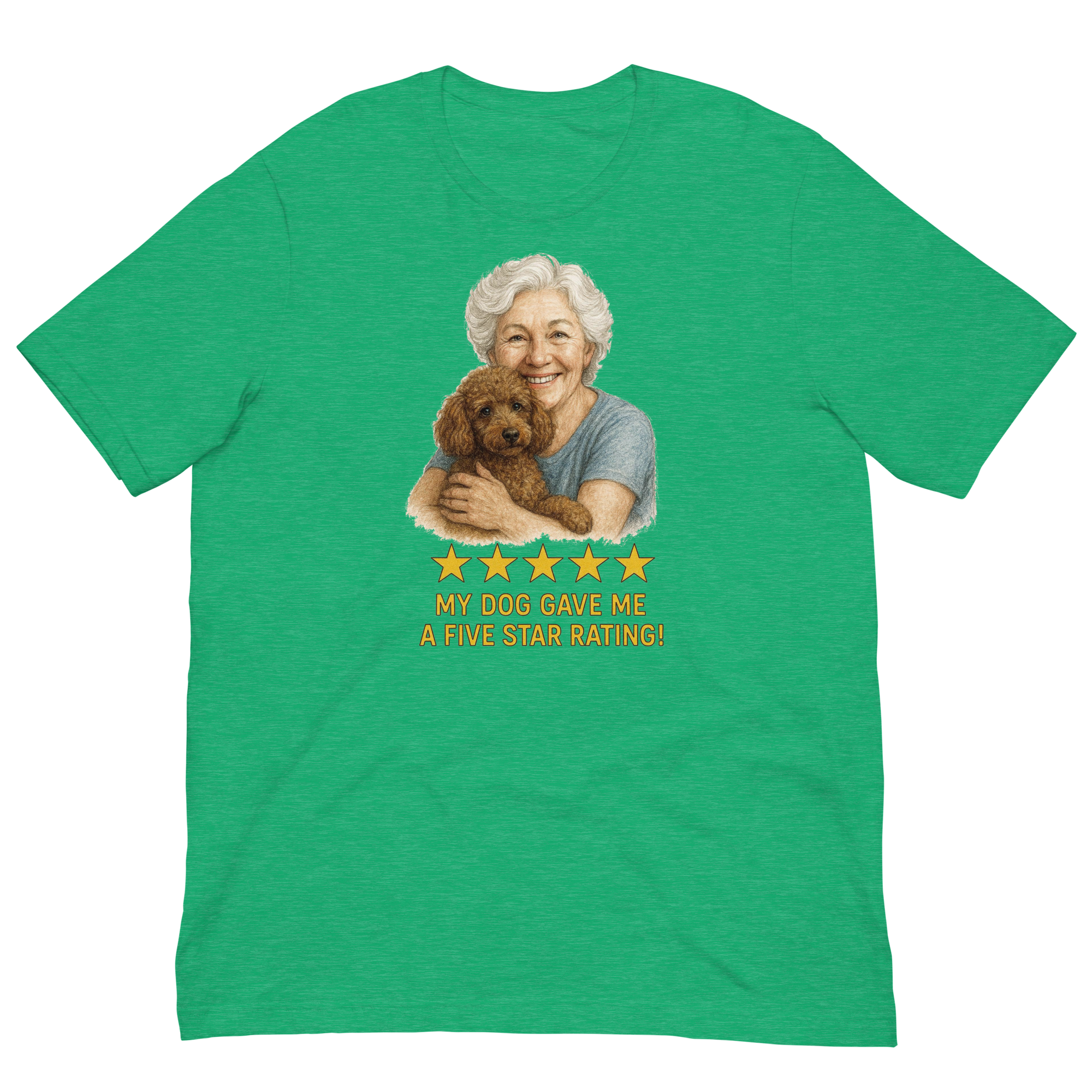 White Hair Woman with Brown Poodle graphic tee.