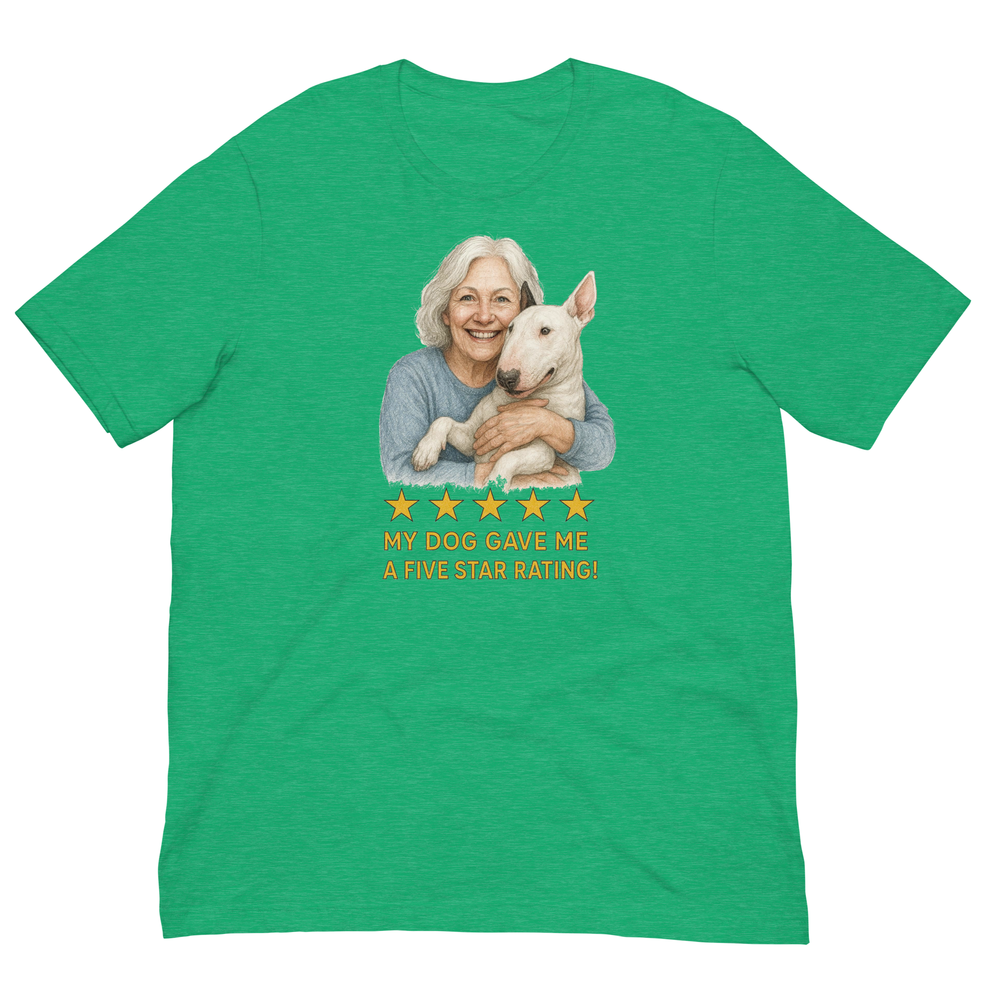 White Hair Woman with Bull Terrier graphic tee.