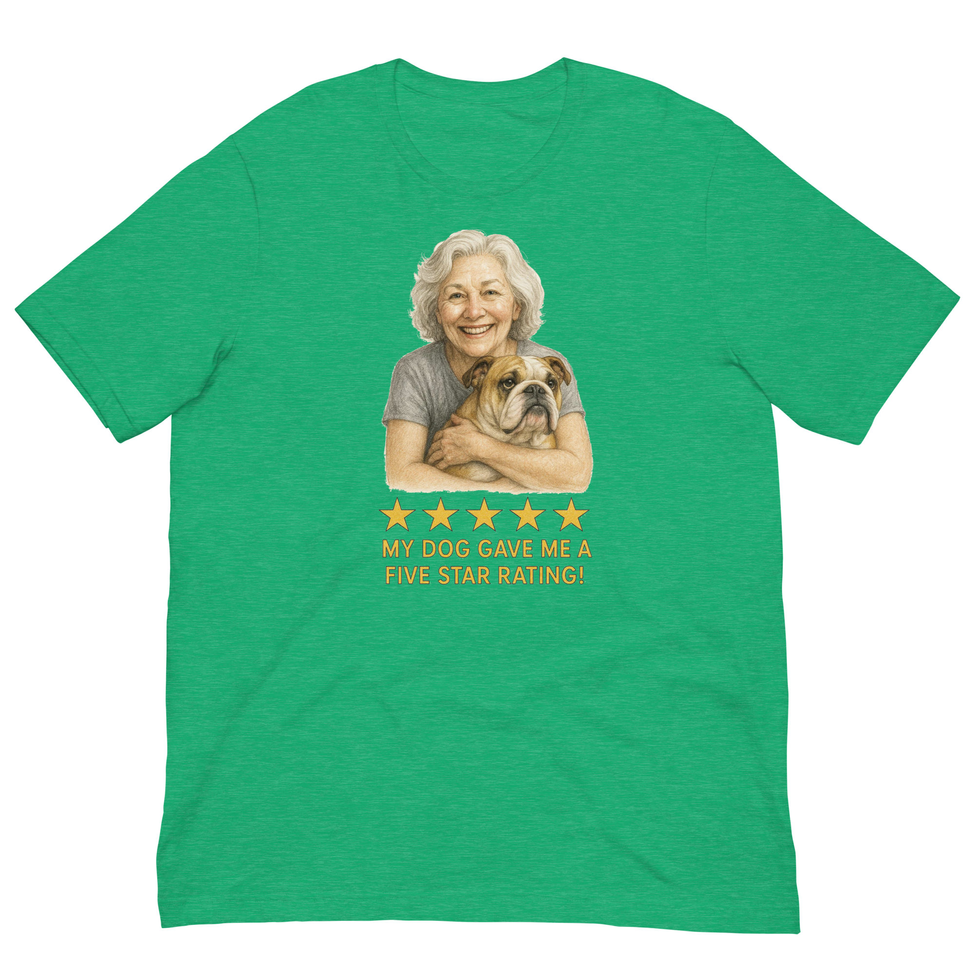 White Hair Woman with Bulldog graphic tee.