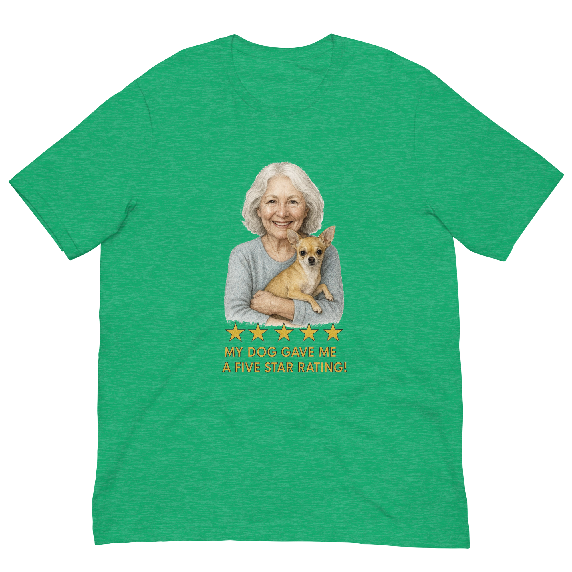 White Hair Woman with Chihuahua graphic tee.