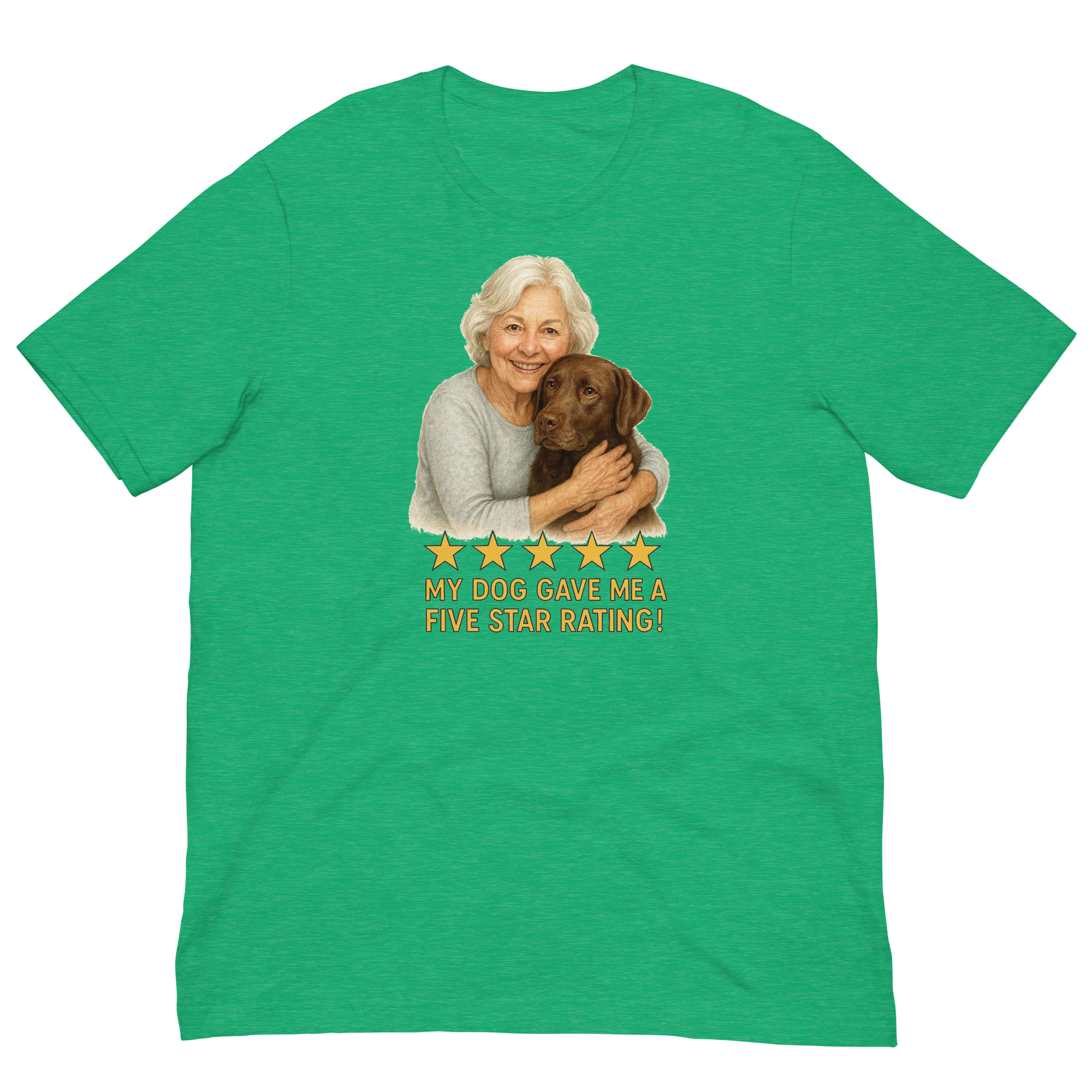 White Hair Woman with Chocolate Labrador graphic tee.
