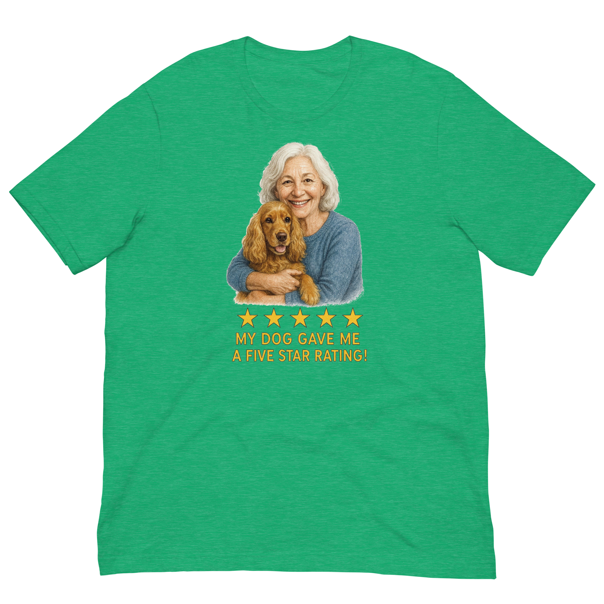 White Hair Woman with Cocker Spaniel graphic tee.