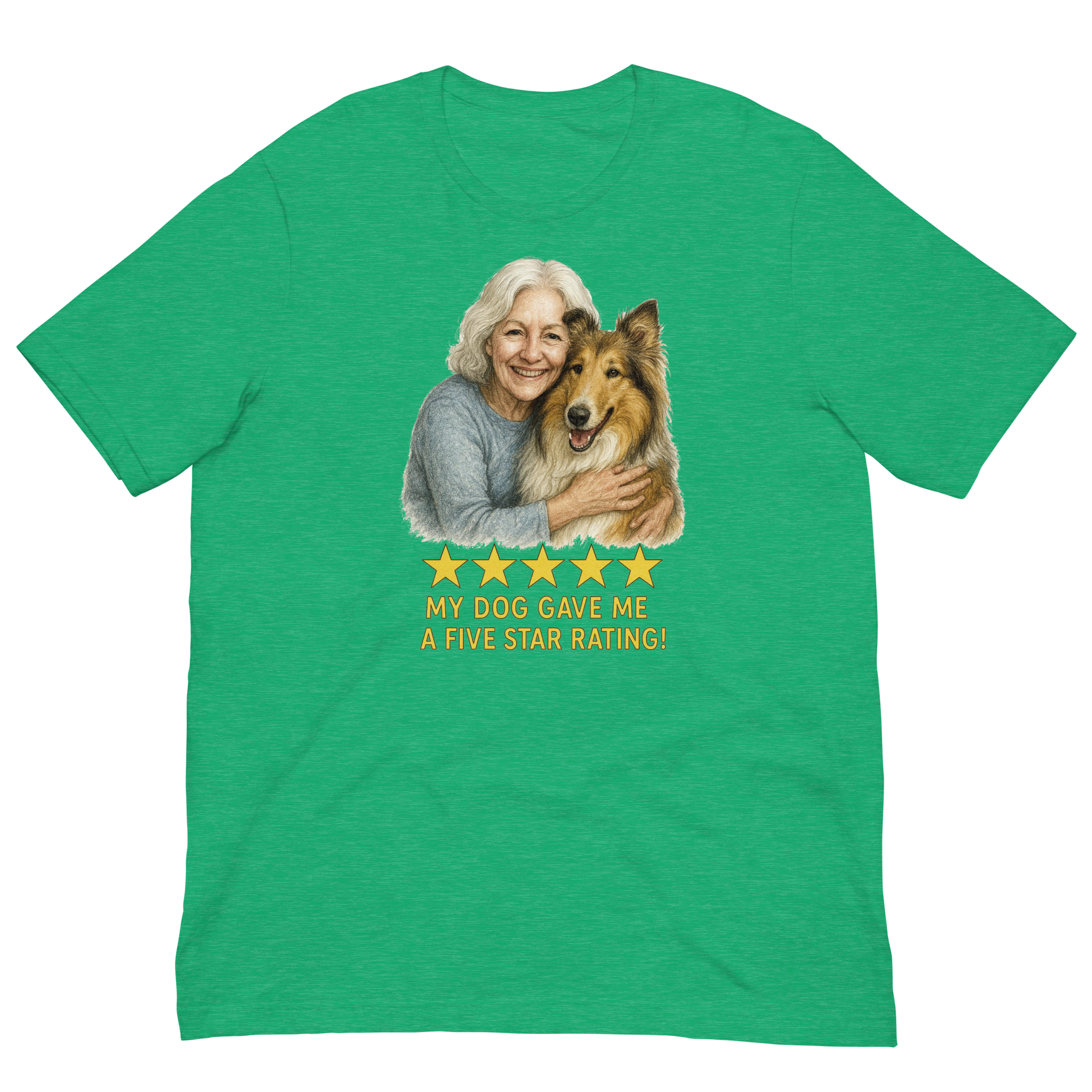 White Hair Woman with Collie graphic tee.