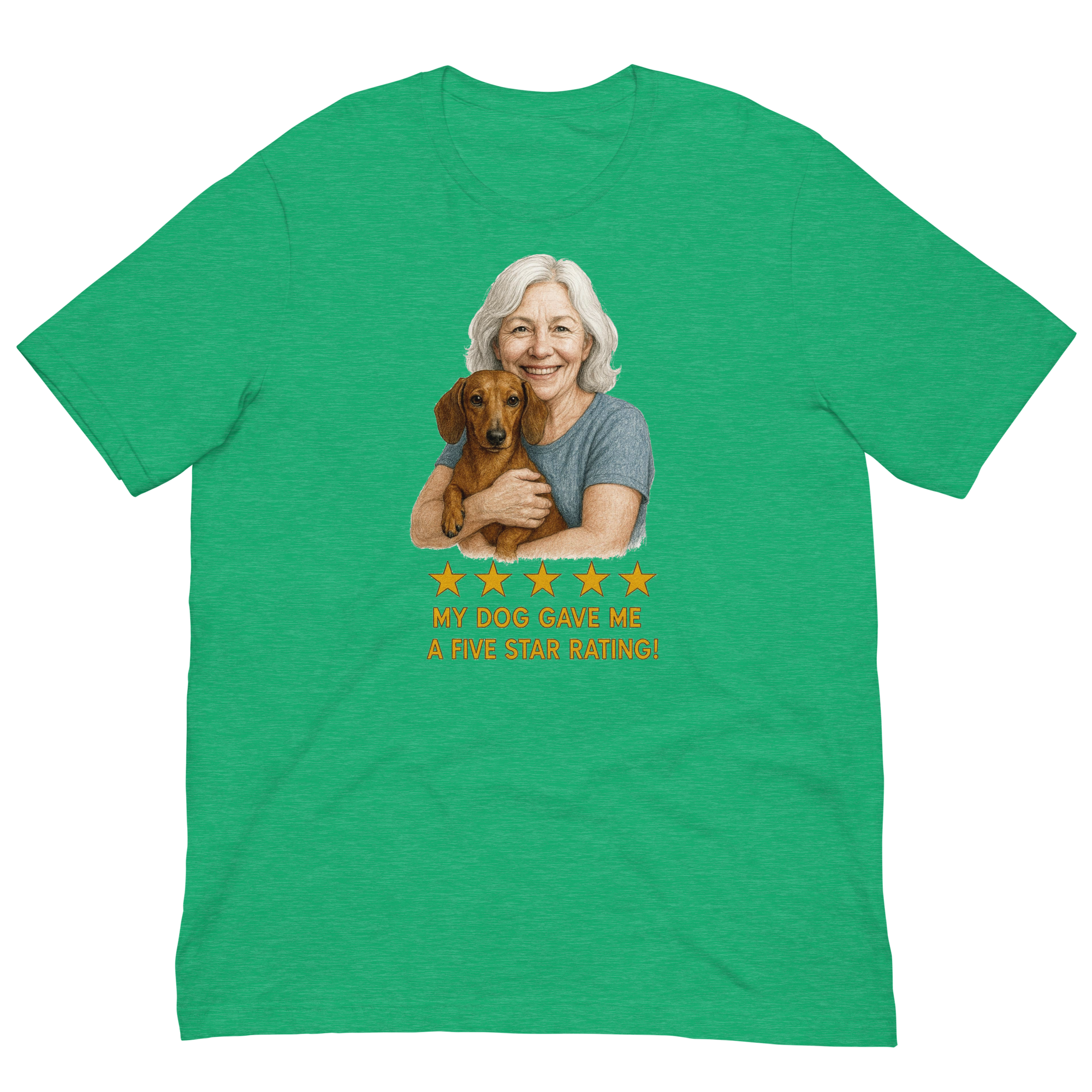 White Hair Woman with Dachshund graphic tee.