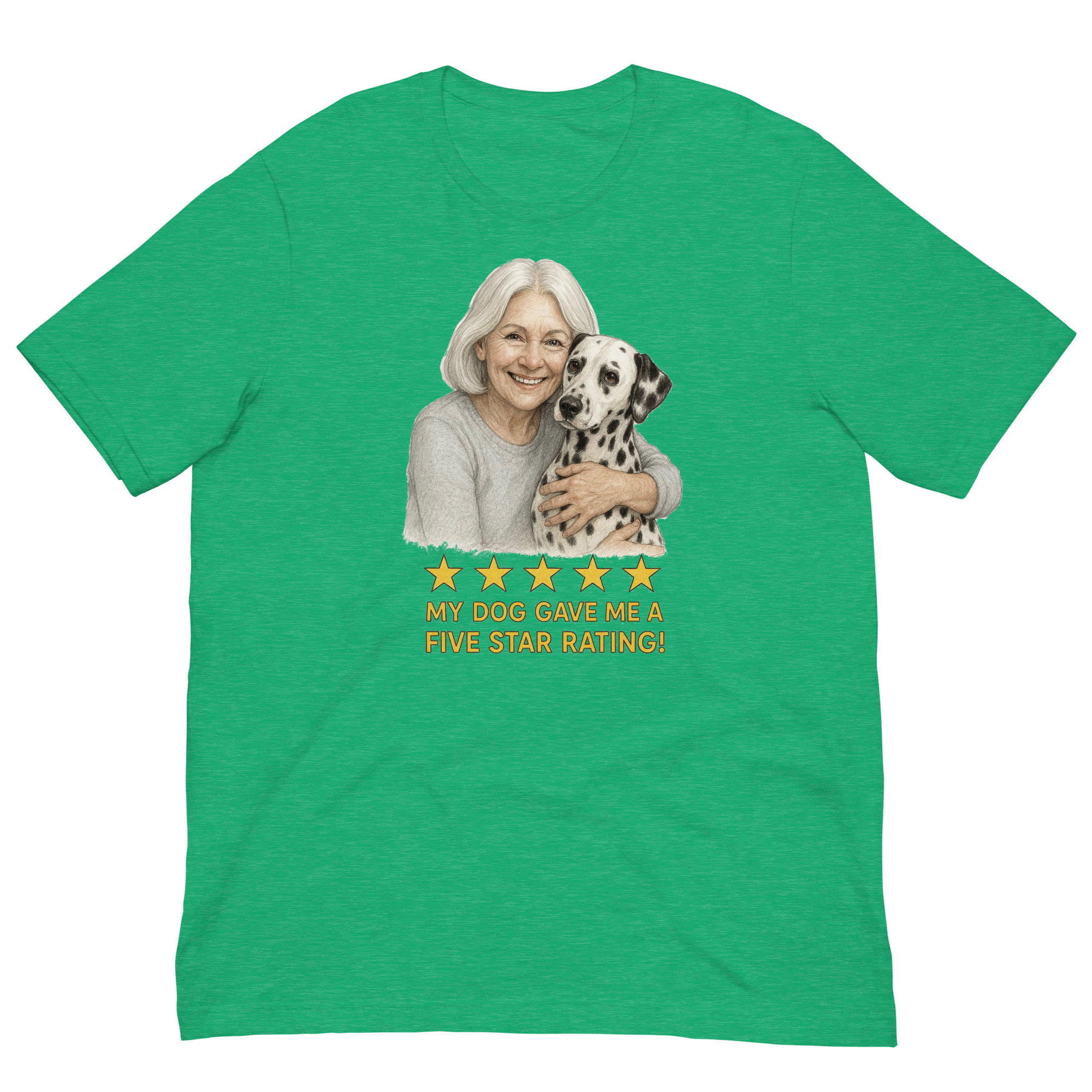 White Hair Woman with Dalmatian graphic tee.