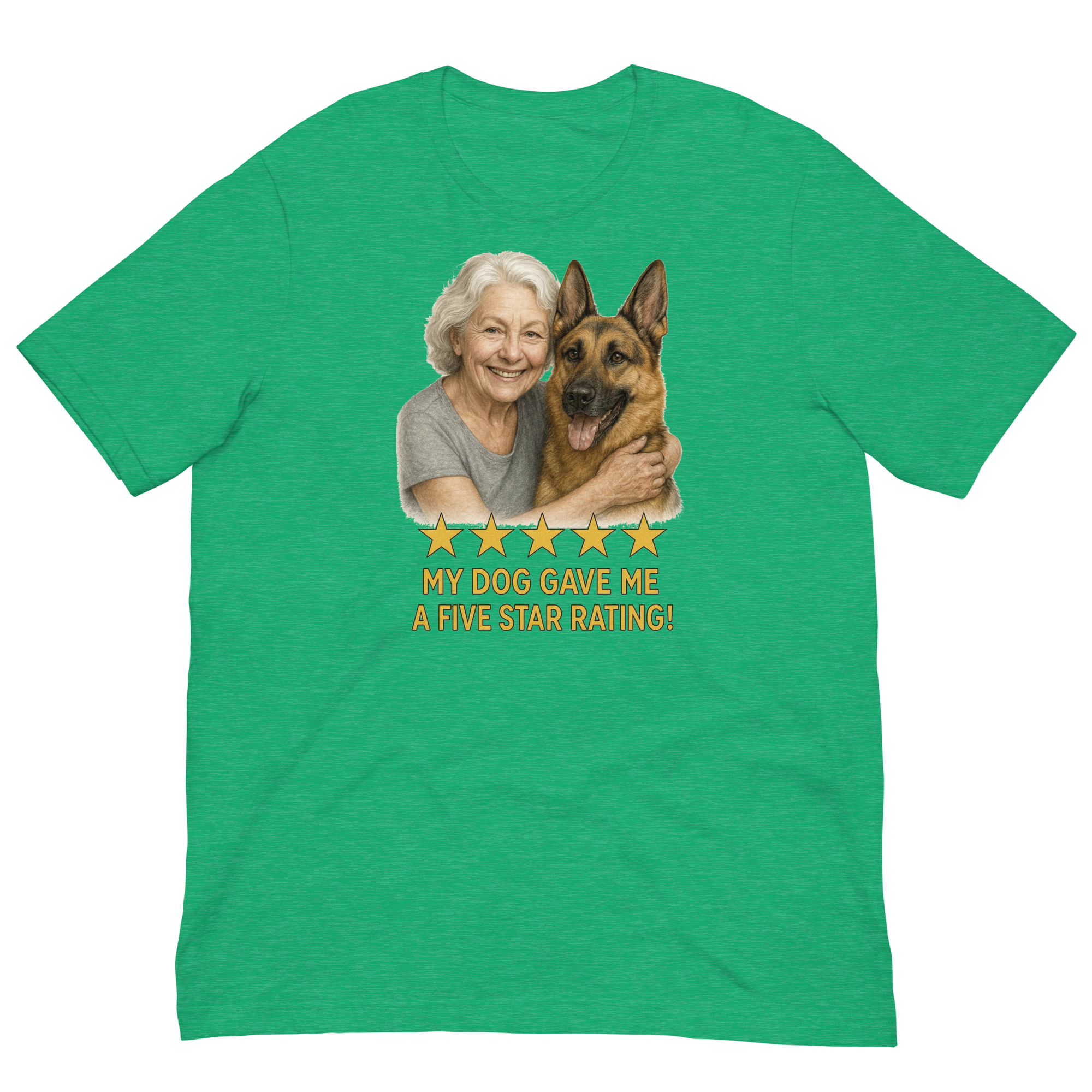 White Hair Woman with German Shepherd graphic tee.