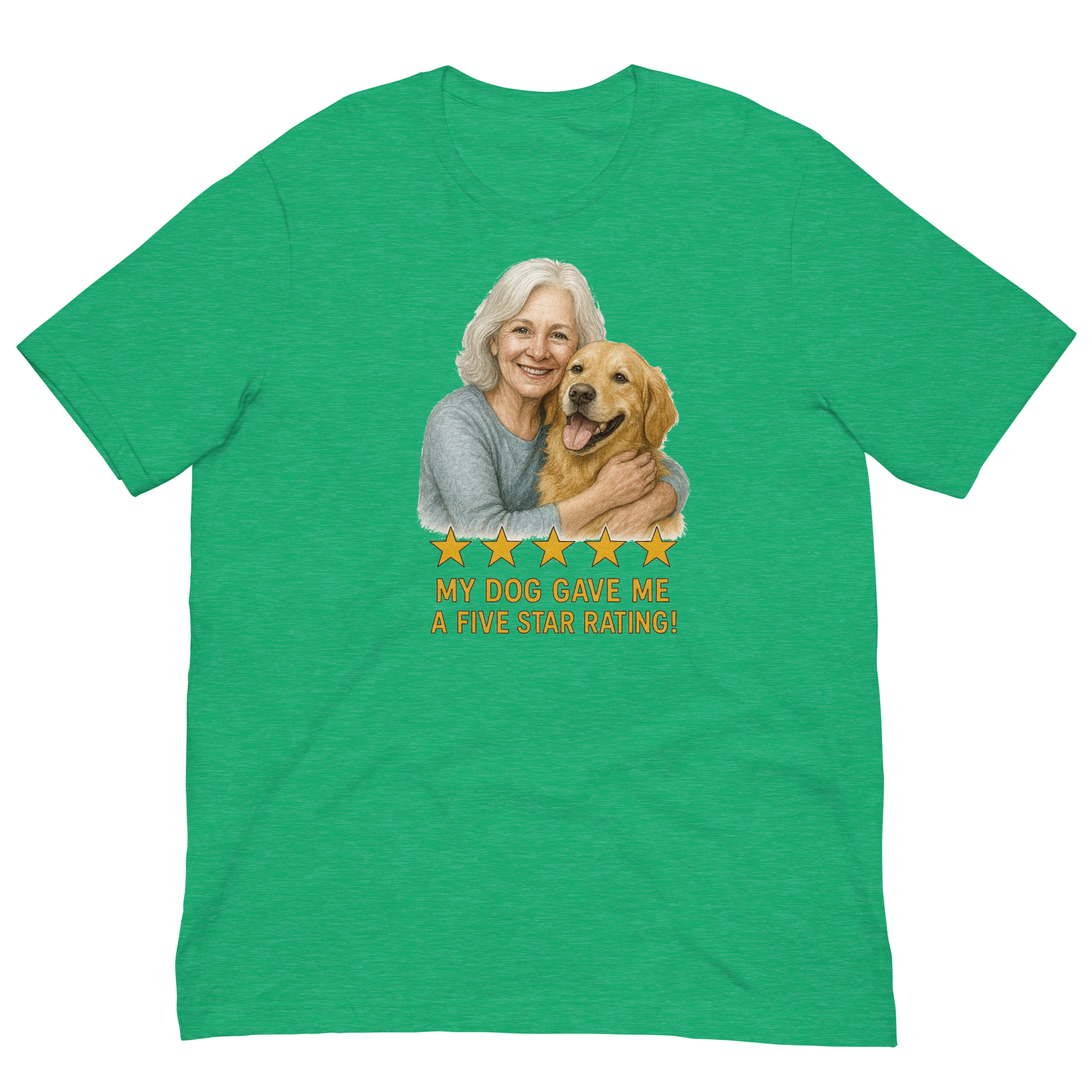 White Hair Woman with Golden Retriever graphic tee.