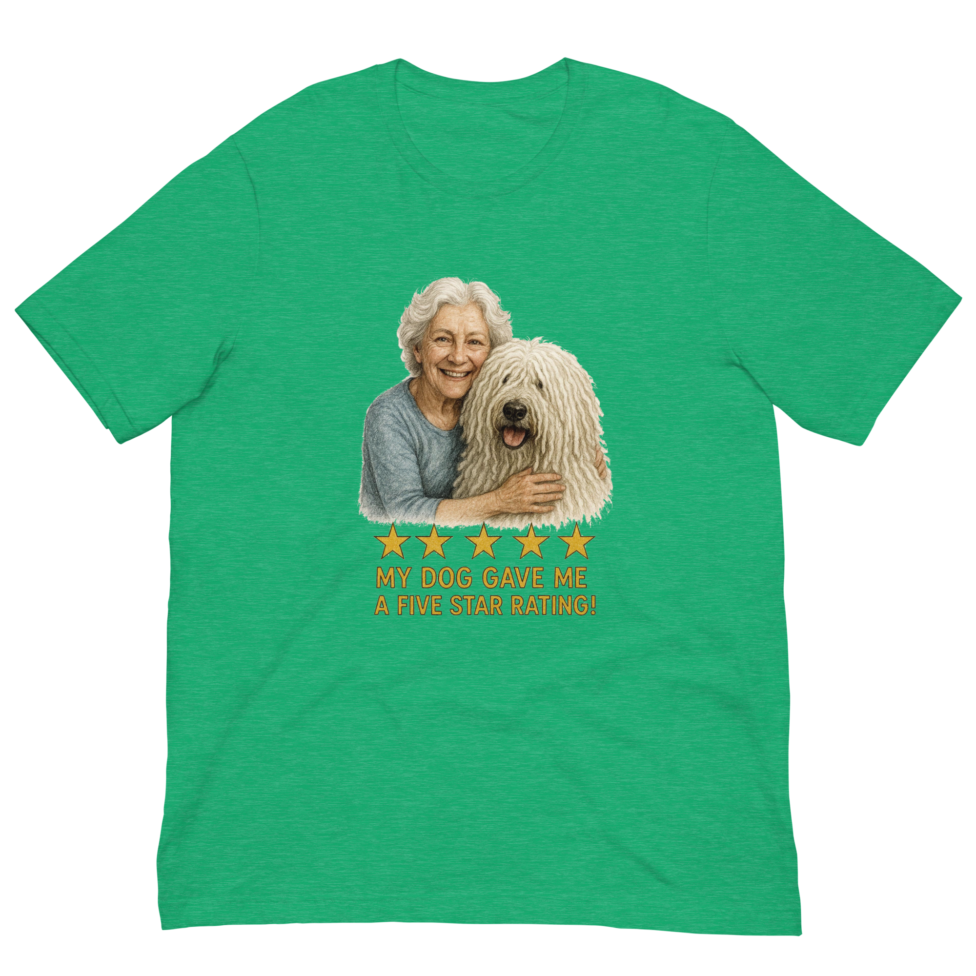 White Hair Woman with Komondor graphic tee.