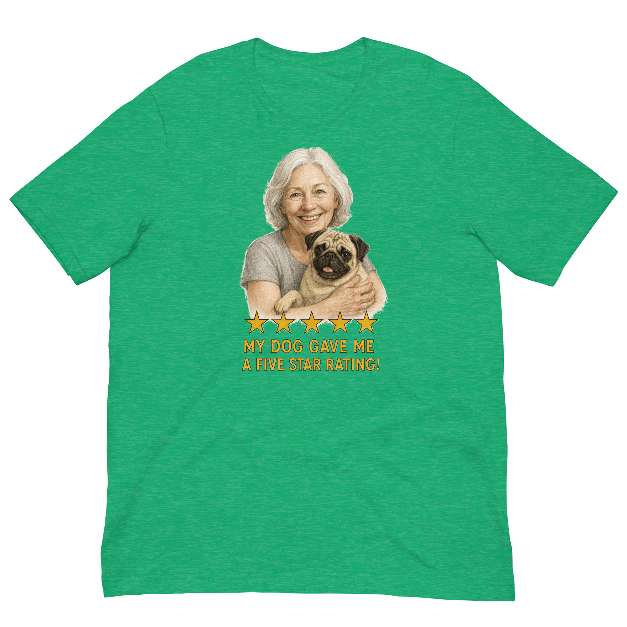 White Hair Woman with Pug graphic tee.